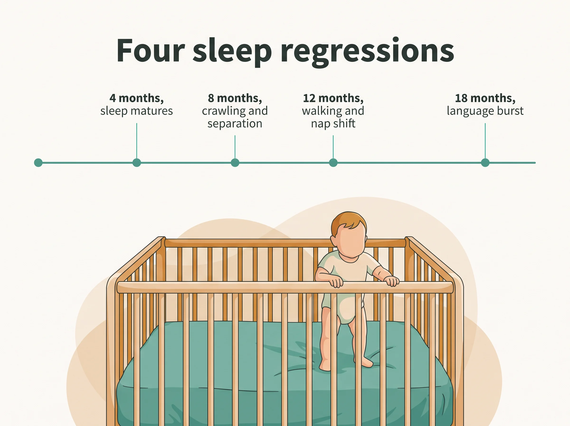 Map of sleep regressions - sleep matures at 4 months, crawling and separation at 8, walking and a nap shift at 12, a language burst at 18