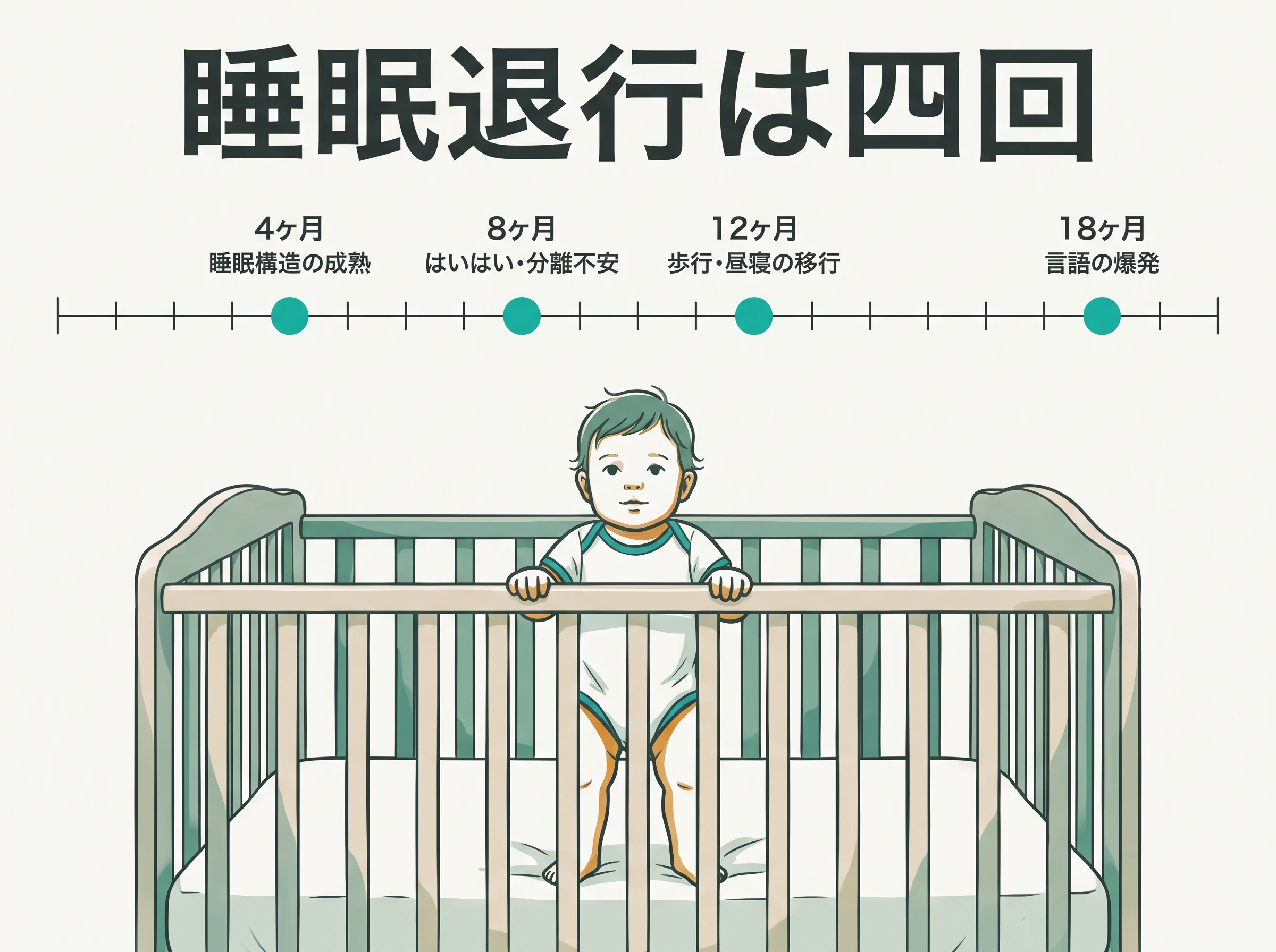睡眠退行の地図 - 4ヶ月は睡眠構造の成熟、8ヶ月ははいはいと分離不安、12ヶ月は歩行と昼寝の移行、18ヶ月は言語の爆発という月齢軸