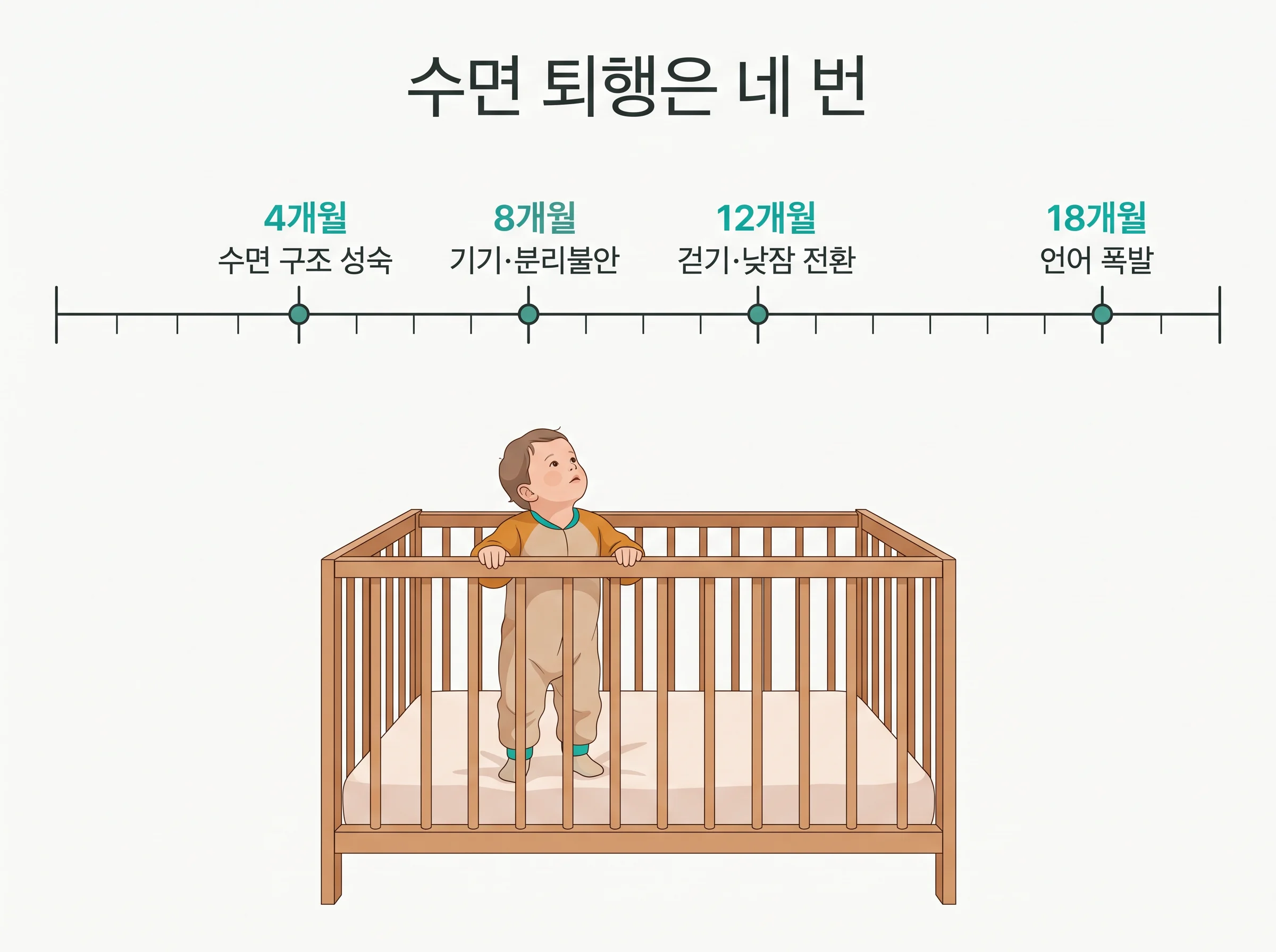 수면 퇴행 지도 - 4개월 수면 구조 성숙, 8개월 기기와 분리불안, 12개월 걷기와 낮잠 전환, 18개월 언어 폭발의 월령축