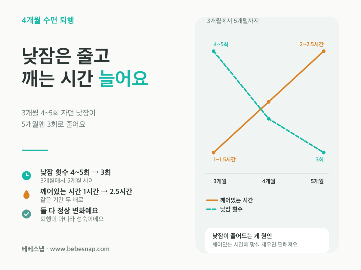 3~5개월 낮잠 변화 - 낮잠 횟수는 4~5회에서 3회로 줄고 깨어있는 시간은 1시간에서 2.5시간으로 느는 교차 그래프