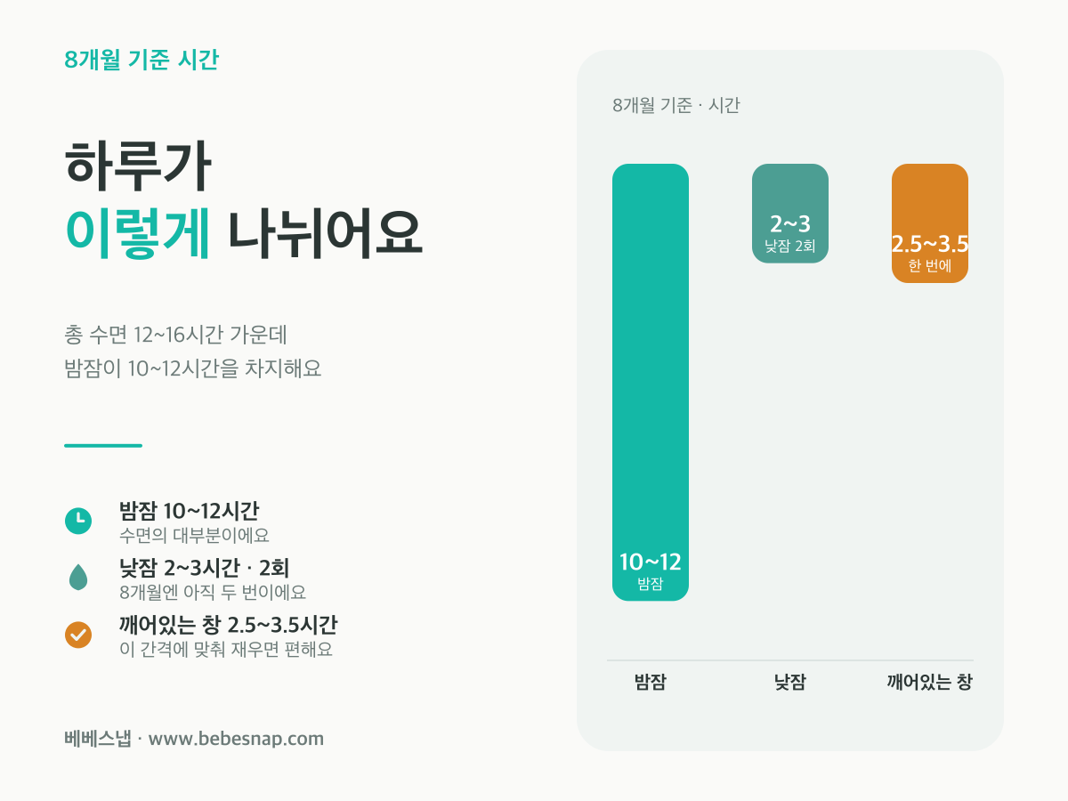 8개월 아기 기준 시간 배분 - 밤잠 10~12시간, 낮잠 2~3시간 2회, 깨어있는 창 2.5~3.5시간 비교도