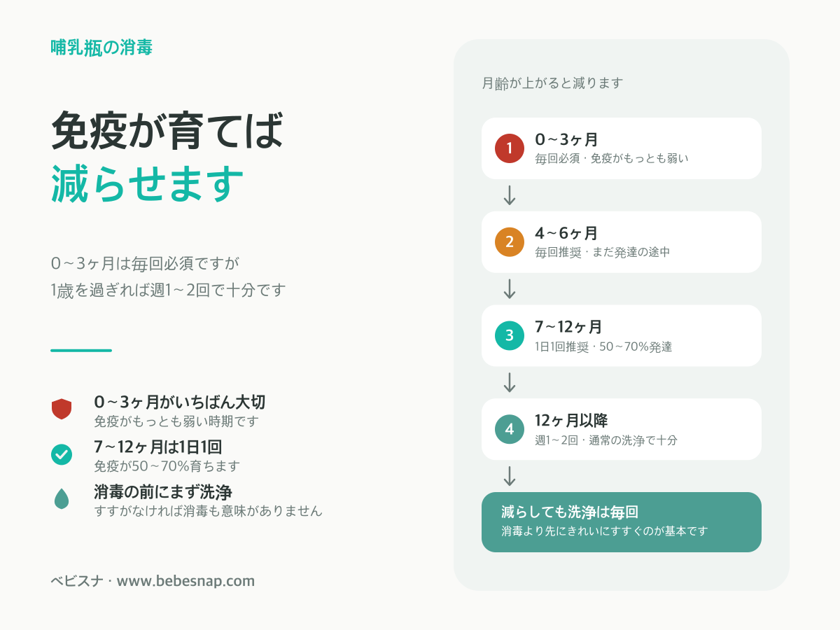月齢別の哺乳瓶消毒の頻度 - 0〜3ヶ月の毎回必須から12ヶ月以降の週1〜2回まで減る四段階の階段図