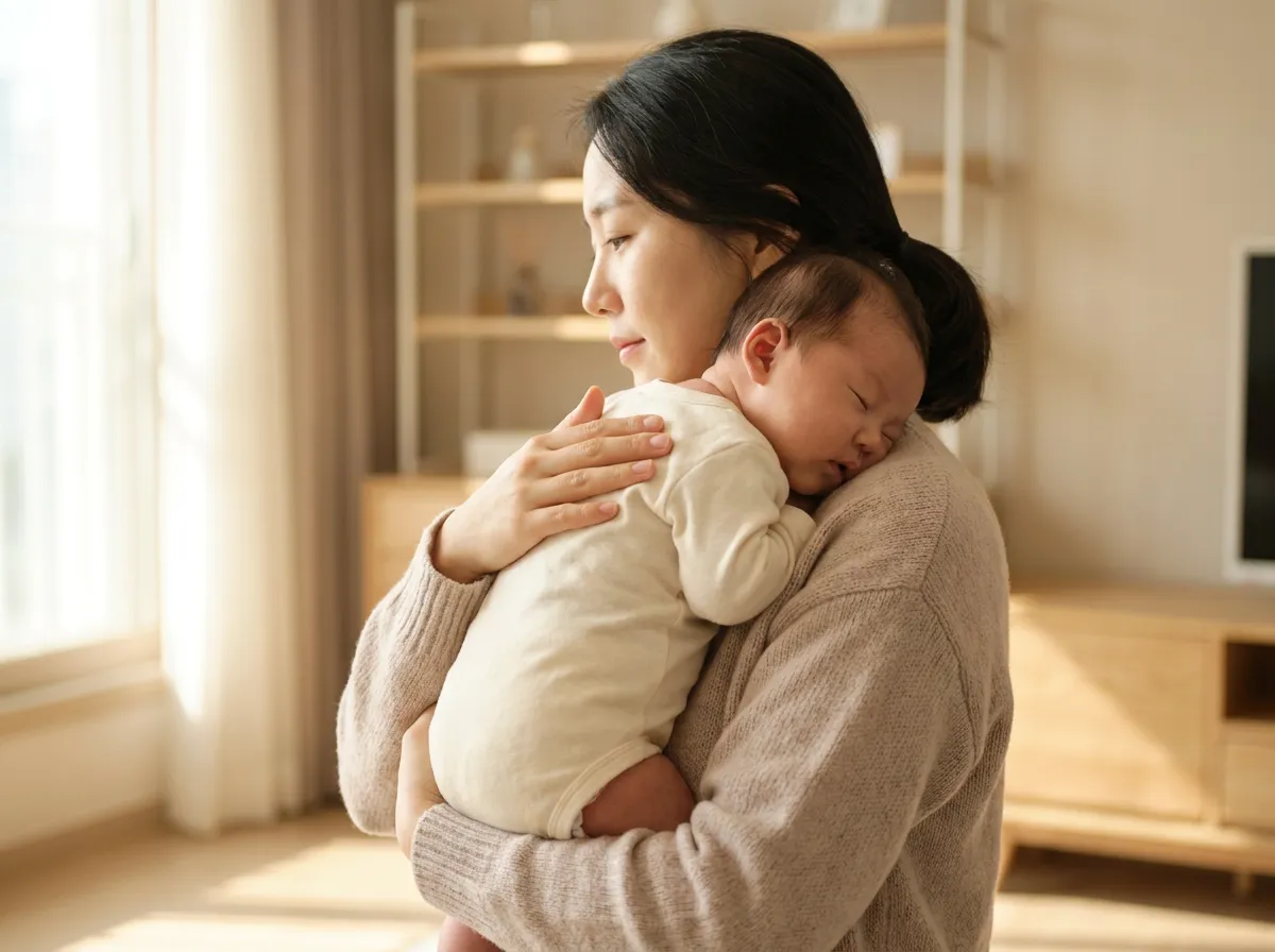 아기 트림 어깨 자세 - 아기 턱을 어깨에 올리고 한 손으로 엉덩이를 받친 뒤 등을 아래에서 위로 쓰다듬는 모습