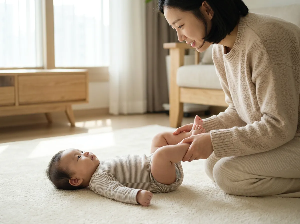 아기 변비 자전거 타기 운동 - 바로 눕힌 아기의 양쪽 다리를 잡고 한쪽 무릎은 배 쪽으로 굽히고 다른 쪽은 펴며 페달 밟듯 움직이는 모습