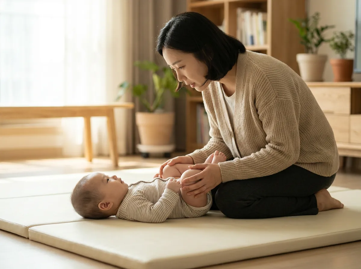 아기 변비 무릎 당기기 - 바로 누운 아기의 양 무릎을 모아 배 쪽으로 부드럽게 당기고 정강이를 아래에서 받치는 모습