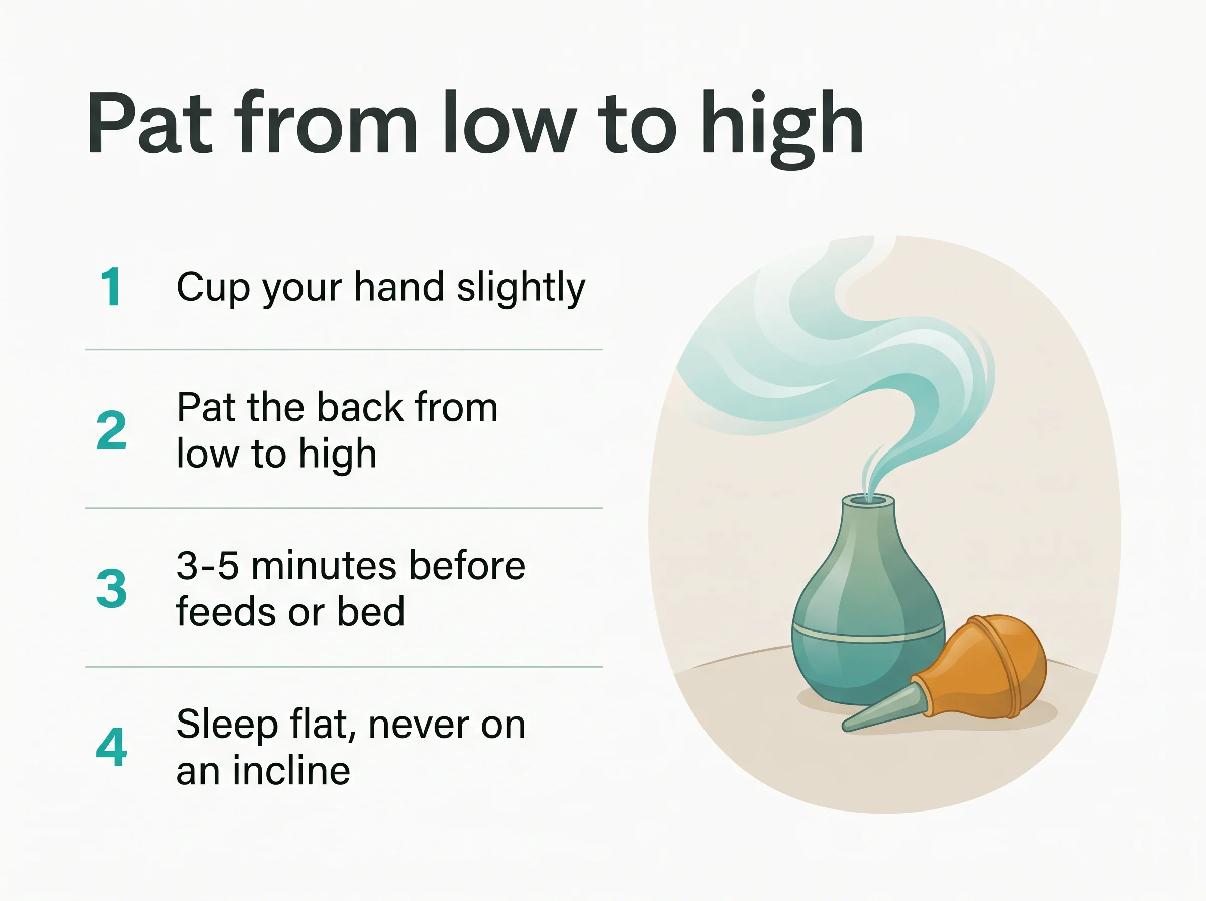 Clearing baby phlegm - pat the back from low to high, and lay your baby flat on their back to sleep with no incline