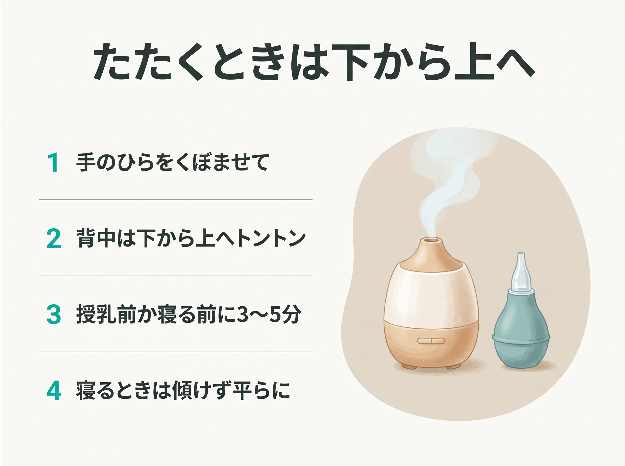 赤ちゃんの痰を出す方法 - 背中は下から上へたたき、寝るときは傾けずにあおむけで平らに寝かせる案内図