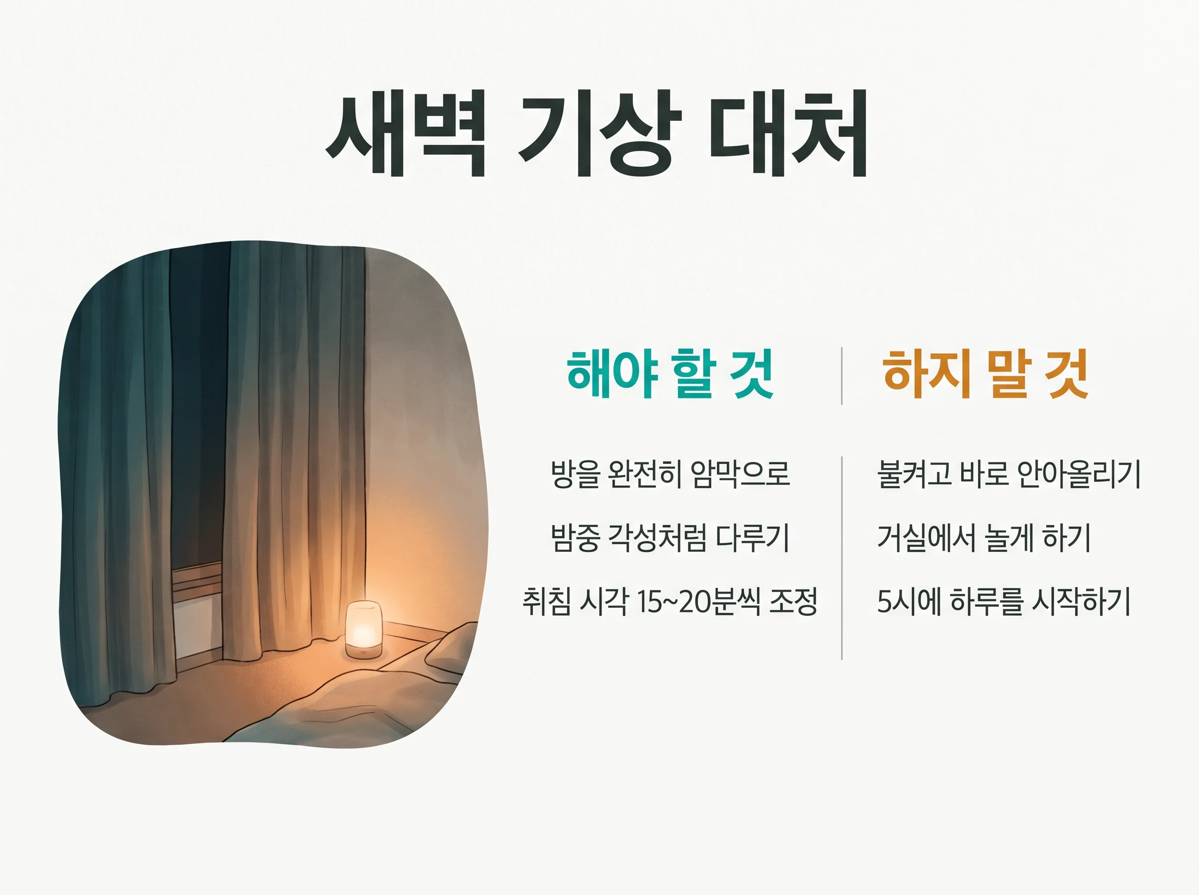 새벽 기상 대처 - 해야 할 것은 방을 완전히 암막으로, 밤중 각성처럼 다루기, 취침 시각 15~20분씩 조정. 하지 말 것은 불 켜고 바로 안아올리기, 거실에서 놀게 하기, 5시에 하루를 시작하기