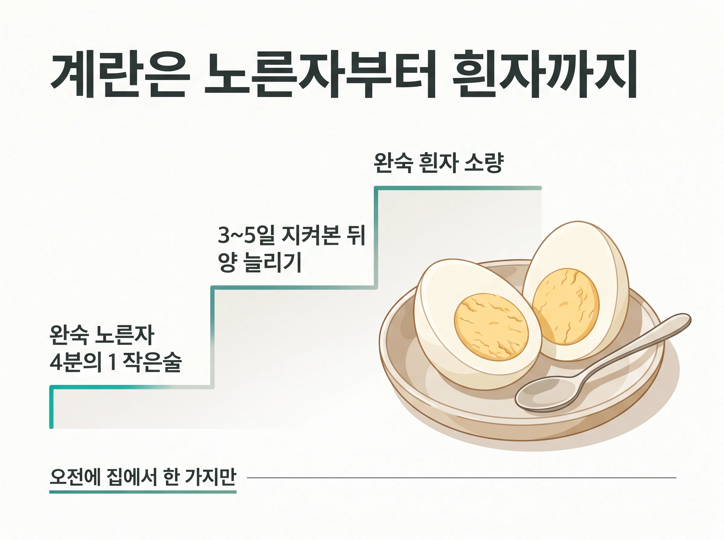 계란 도입 3단계 - 완숙 노른자 4분의 1 작은술로 시작해 3~5일 지켜본 뒤 양을 늘리고 완숙 흰자를 소량 도입, 오전에 집에서 한 가지만