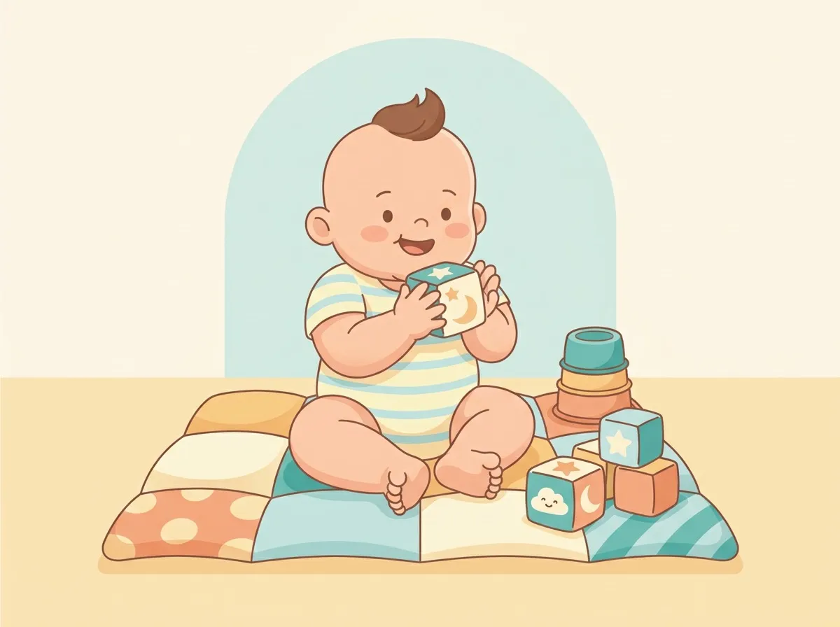 생후 8개월쯤 아기가 앉아서 부드러운 블록을 양손으로 쥐고 있는 그림