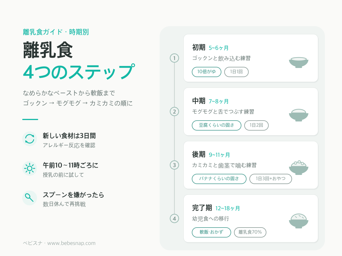離乳食4つのステップ - 10倍がゆ1日1回から軟飯まで月齢別ロードマップ