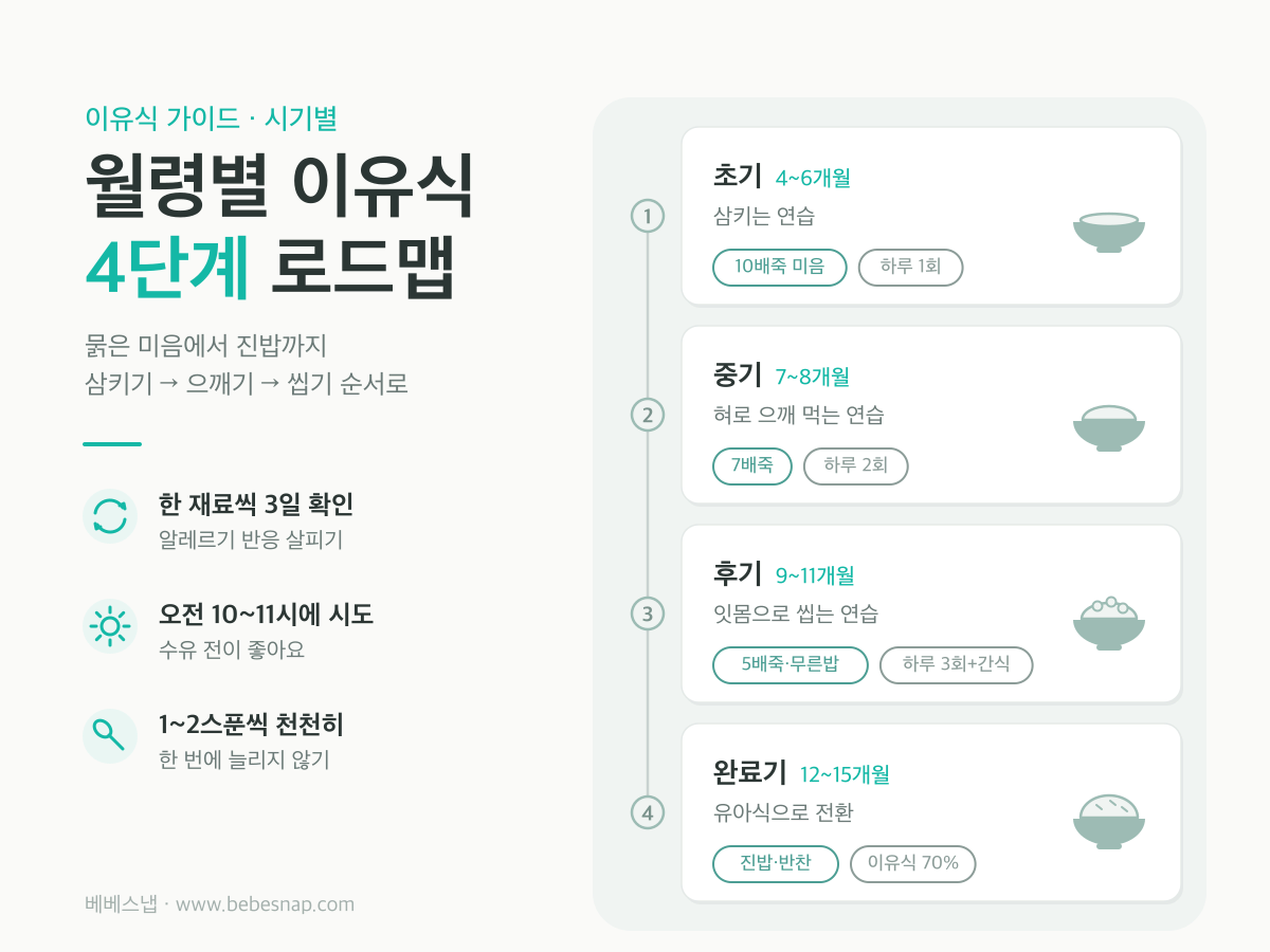 월령별 이유식 4단계 로드맵 - 초기 10배죽 하루 1회부터 완료기 진밥까지