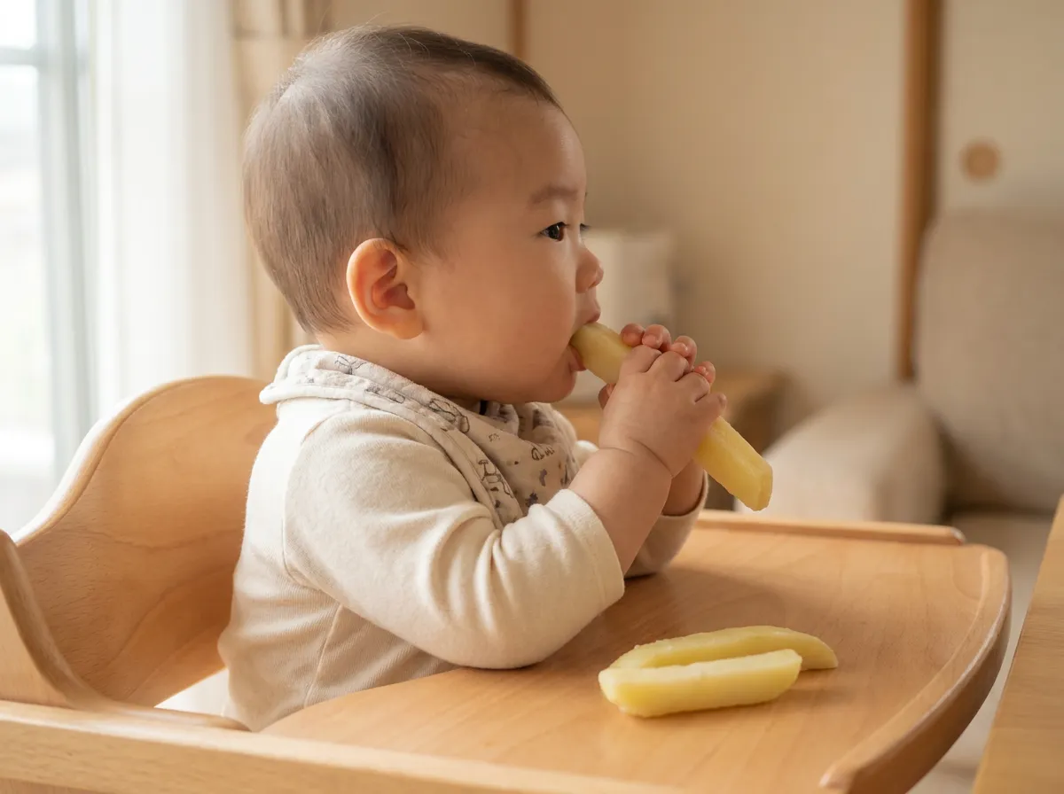手づかみ食べ - いすにまっすぐ座った赤ちゃんが、やわらかく蒸したじゃがいものスティックを手のひら全体で握って口へ運ぶ様子