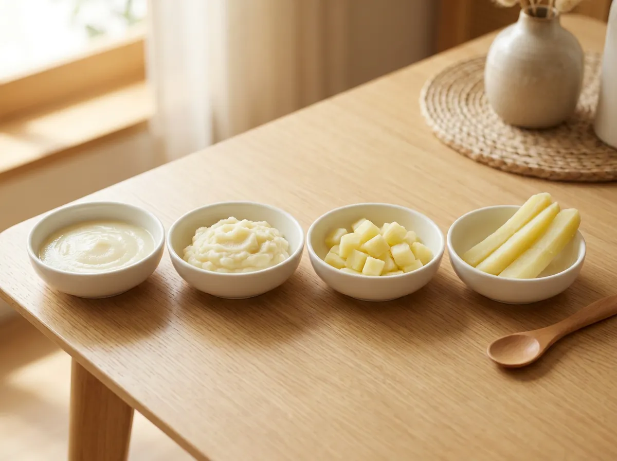 じゃがいもの離乳食4段階の実物 - ゆるいペースト、粒の見えるマッシュ、豆粒大の角切り、手づかみできるスティックが左から並んだ四つの器