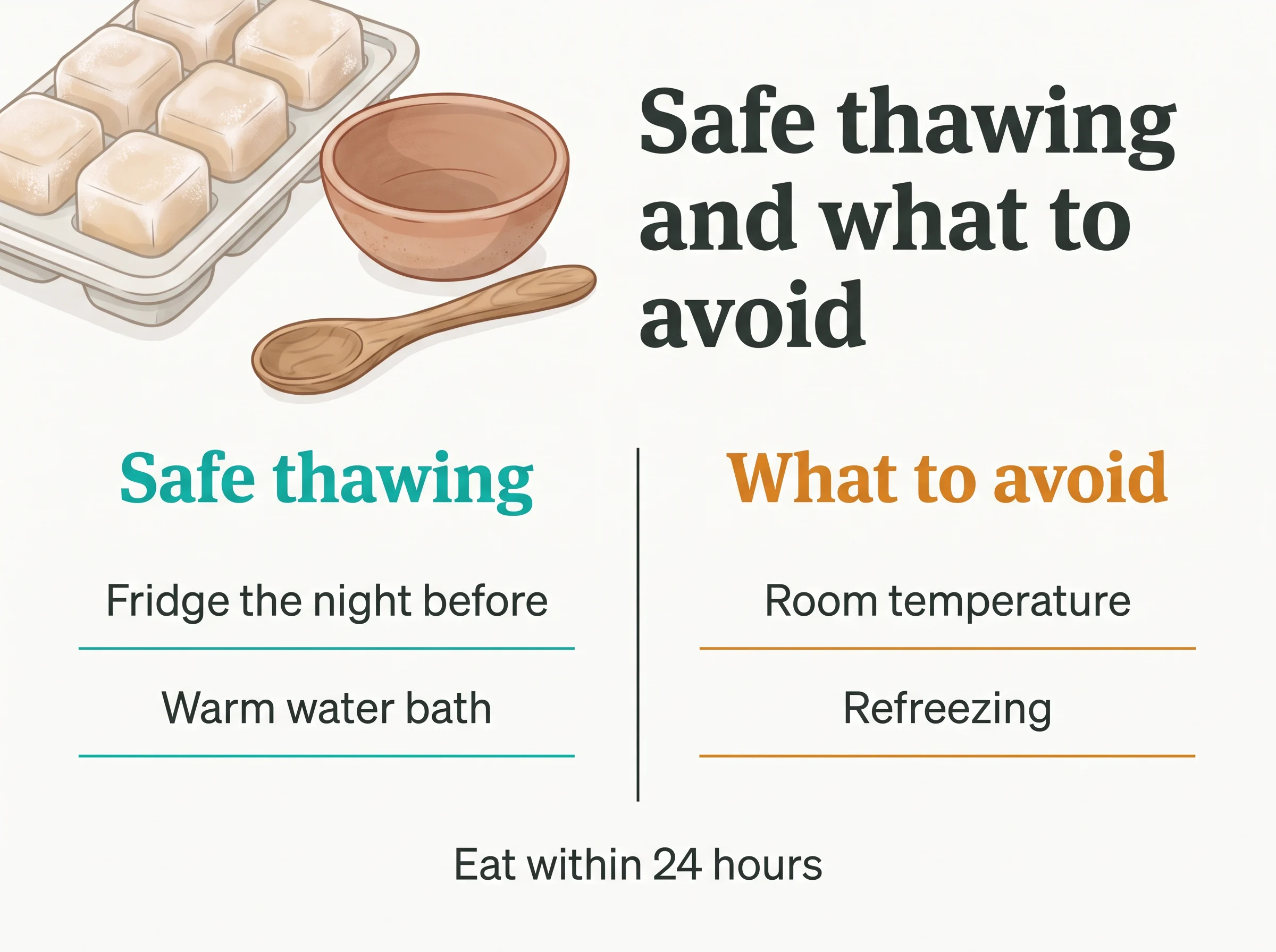 Thawing baby food - safe methods are the fridge the night before and a warm water bath, while room-temperature thawing and refreezing are not, and thawed food is eaten within 24 hours