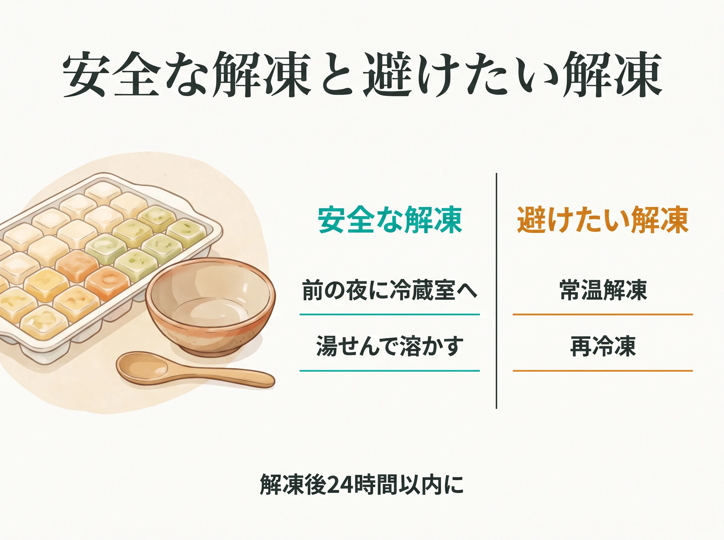 離乳食の解凍 - 安全なのは前の夜に冷蔵室へ移す方法と湯せん、避けたいのは常温解凍と再冷凍、解凍後は24時間以内に食べさせる