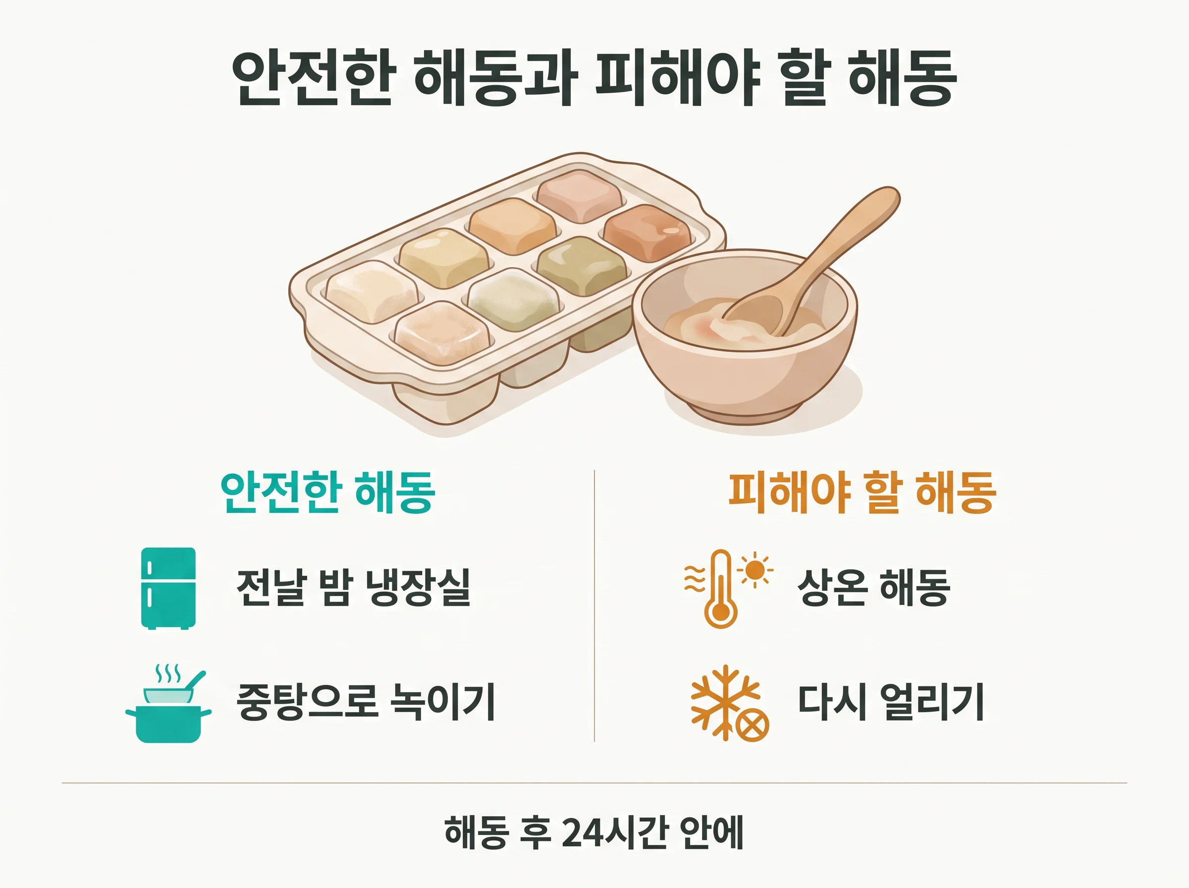 이유식 해동 - 안전한 방법은 전날 밤 냉장실과 중탕, 피해야 할 것은 상온 해동과 다시 얼리기, 해동 후 24시간 안에 먹이기