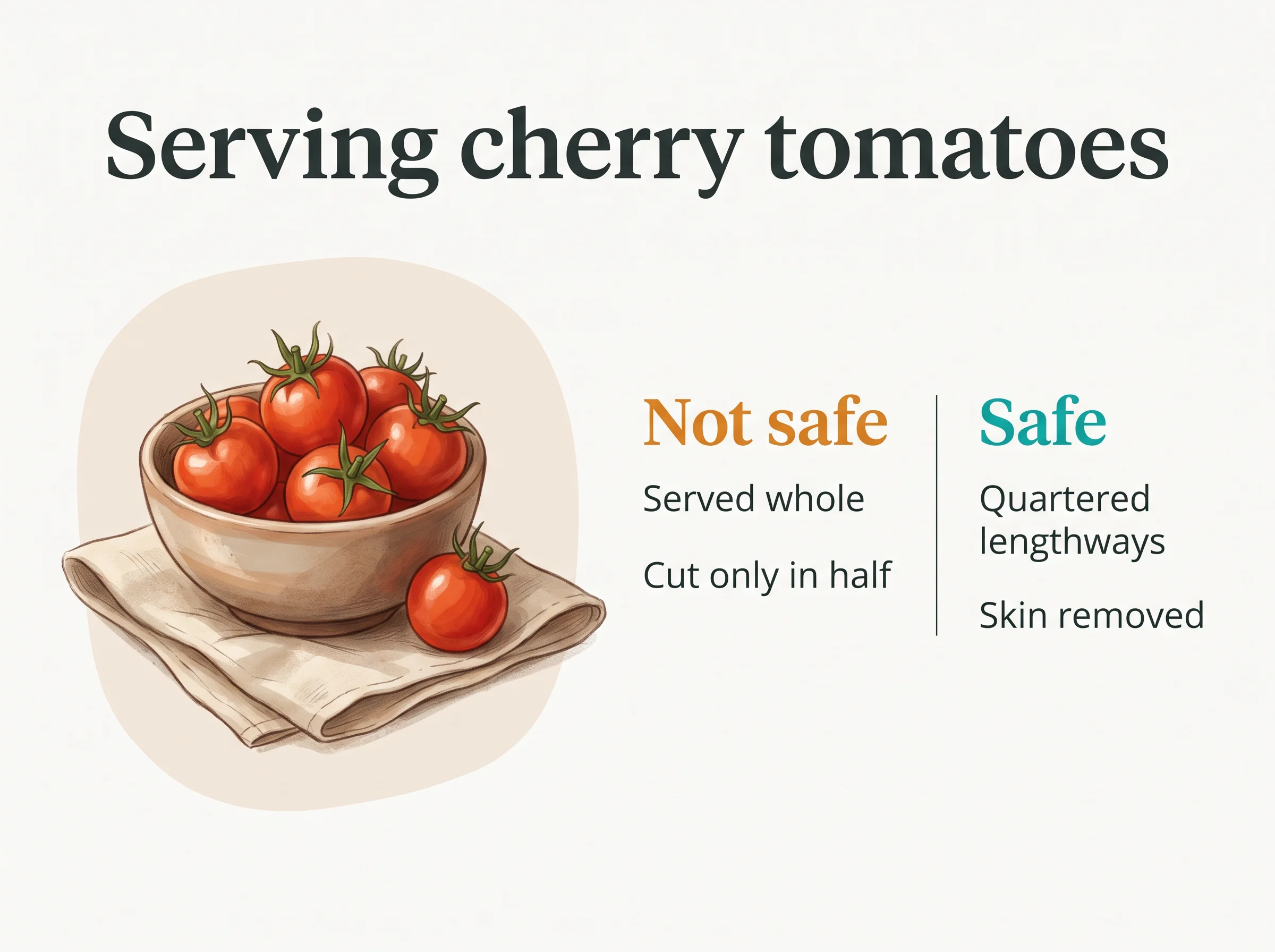 Serving cherry tomatoes - not safe means served whole or cut only in half, safe means quartered lengthways with the skin removed