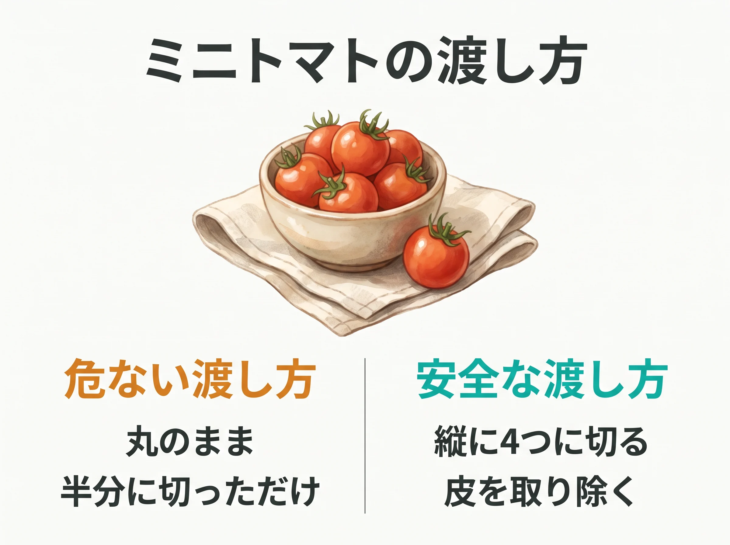 ミニトマトの渡し方 - 危ない渡し方は丸のままと半分に切っただけ、安全な渡し方は縦に4つに切って皮を取り除くこと