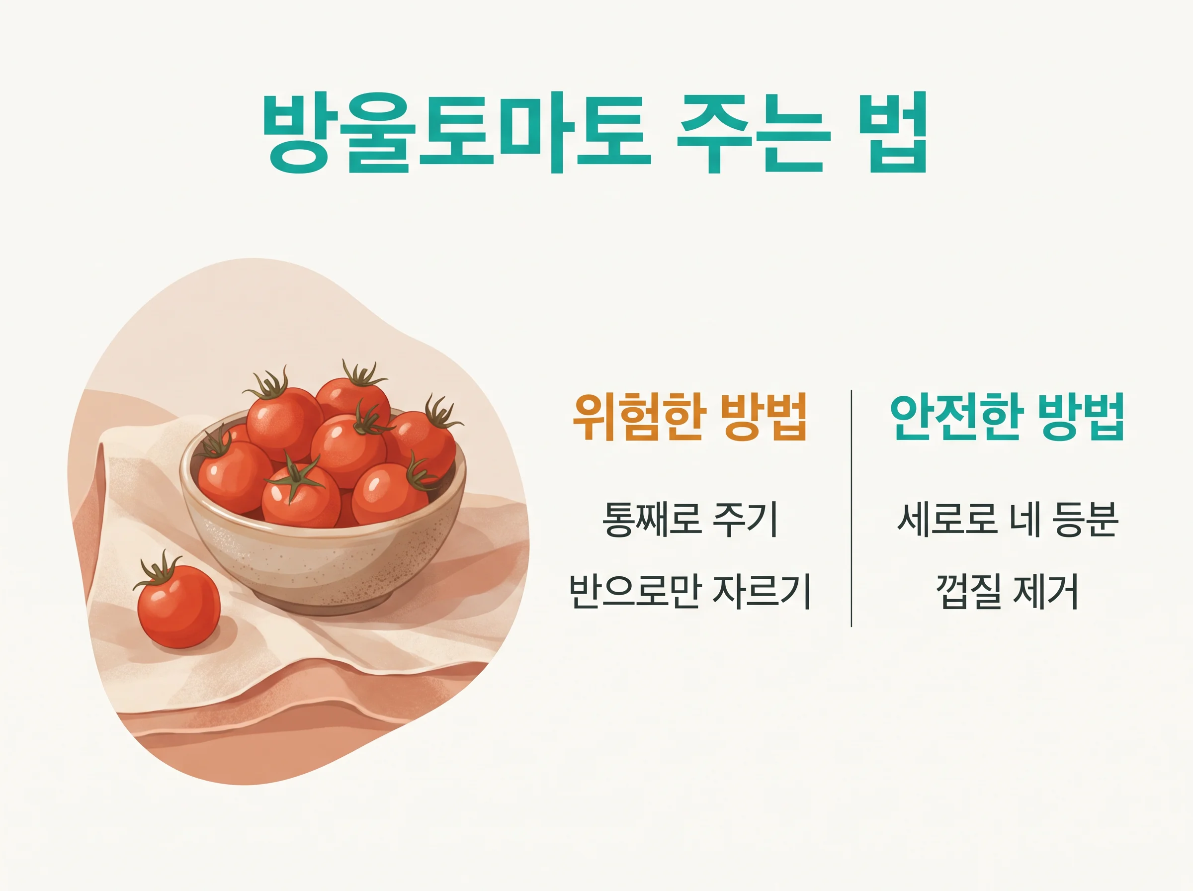 방울토마토 주는 법 - 위험한 방법은 통째로 주기와 반으로만 자르기, 안전한 방법은 세로로 네 등분하고 껍질을 제거하는 것