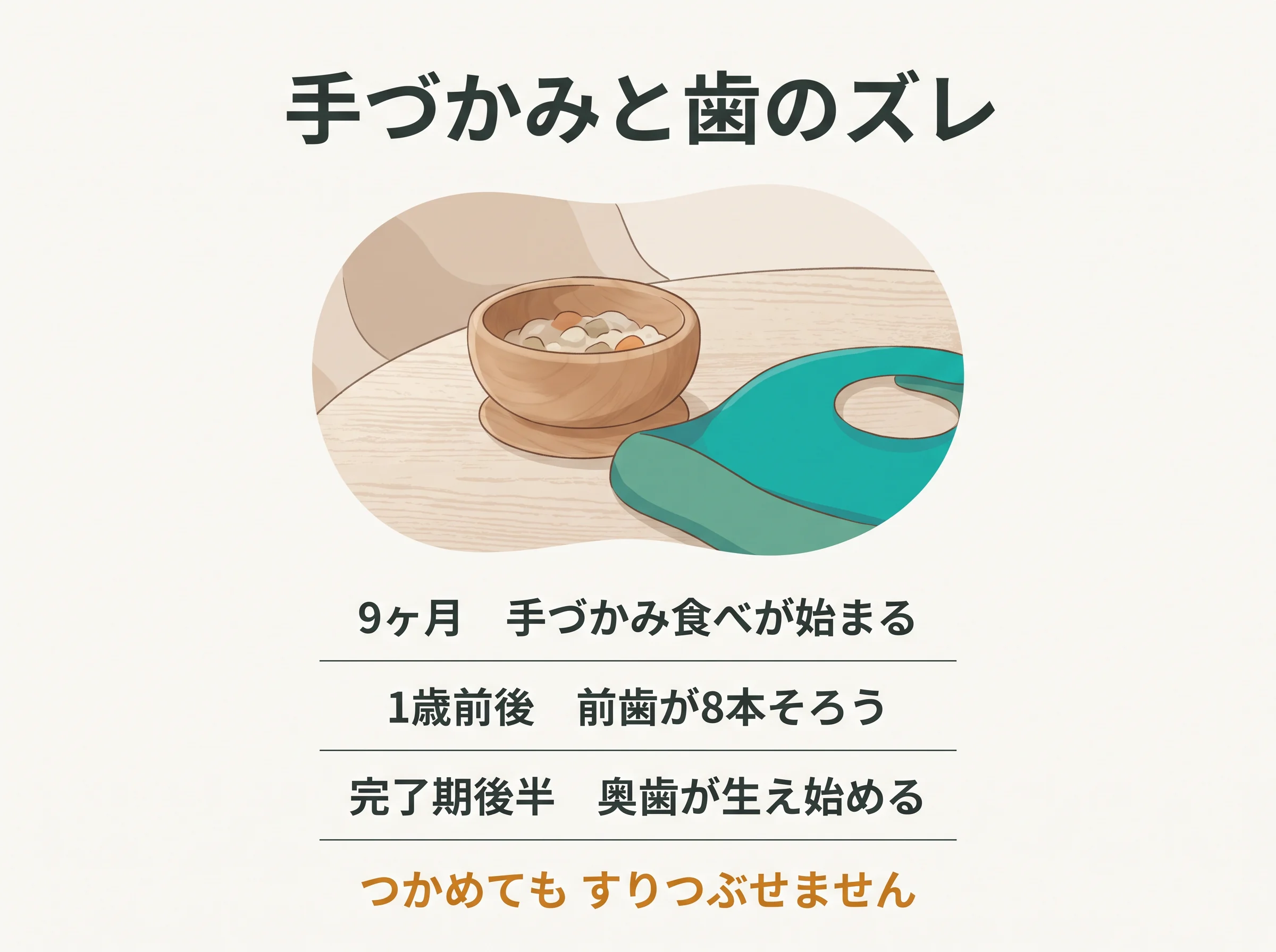 手づかみと歯のズレ - 9ヶ月に手づかみ食べが始まり1歳前後に前歯が8本そろうが、すりつぶす奥歯が生え始めるのは完了期の後半である