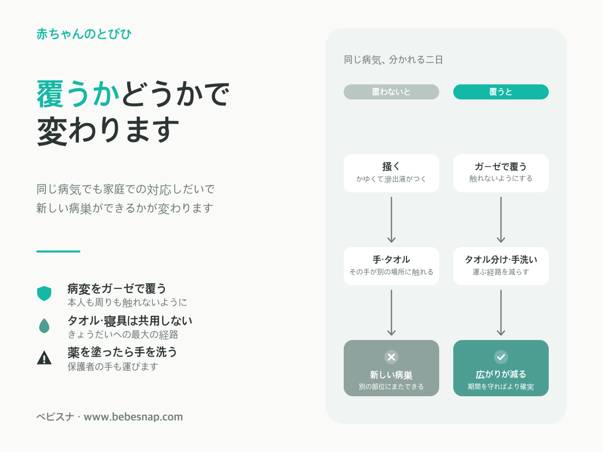 赤ちゃんのとびひの拡大防止 - 病変を覆った場合と覆わない場合の新しい病巣の比較図