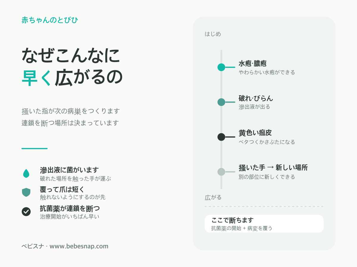 赤ちゃんのとびひが広がる順序 - 水疱から滲出液、黄色い痂皮、掻いた手で新しい場所へ移る図