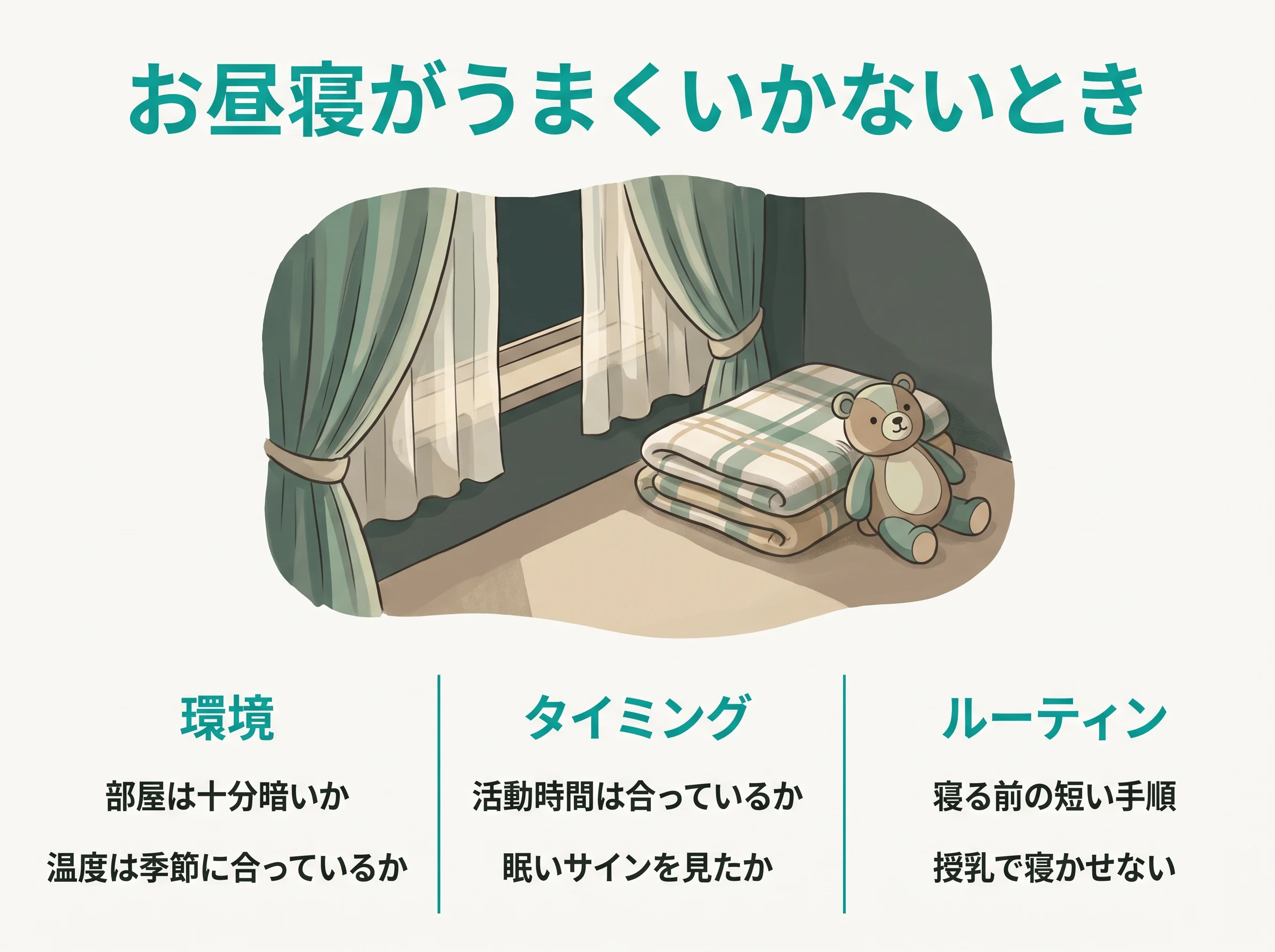 お昼寝がうまくいかないときの点検表 - 環境は部屋の暗さと季節に合った室温、タイミングは活動時間と眠いサイン、ルーティンは寝る前の短い手順と授乳で寝かせないこと