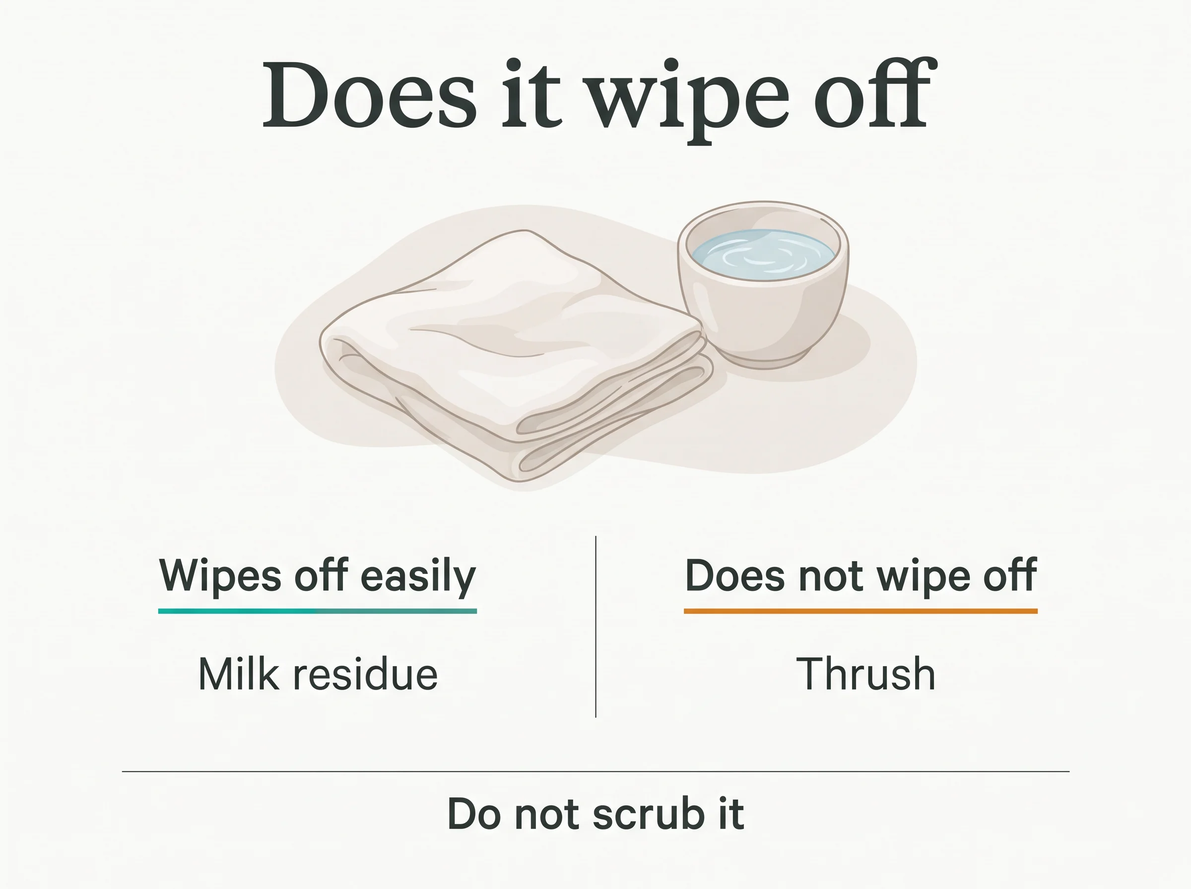 Telling thrush from milk residue - a gauze wipe splits the two, milk coming away easily and thrush staying put, and it should not be scrubbeds