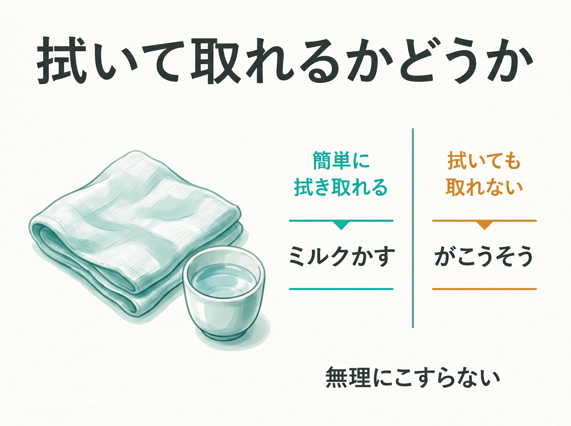 鵞口瘡とミルクかすの見分け方 - ガーゼで拭いて簡単に取れればミルクかす、拭いても取れなければ鵞口瘡で、無理にこすらないという二分岐の判定図