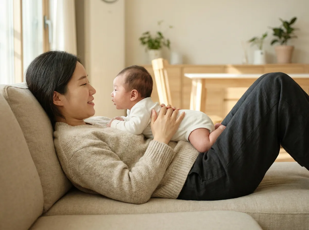 胸の上タミータイム - 少し傾けて寄りかかったママの胸に赤ちゃんがうつ伏せになり、頭を上げて目を合わせている様子