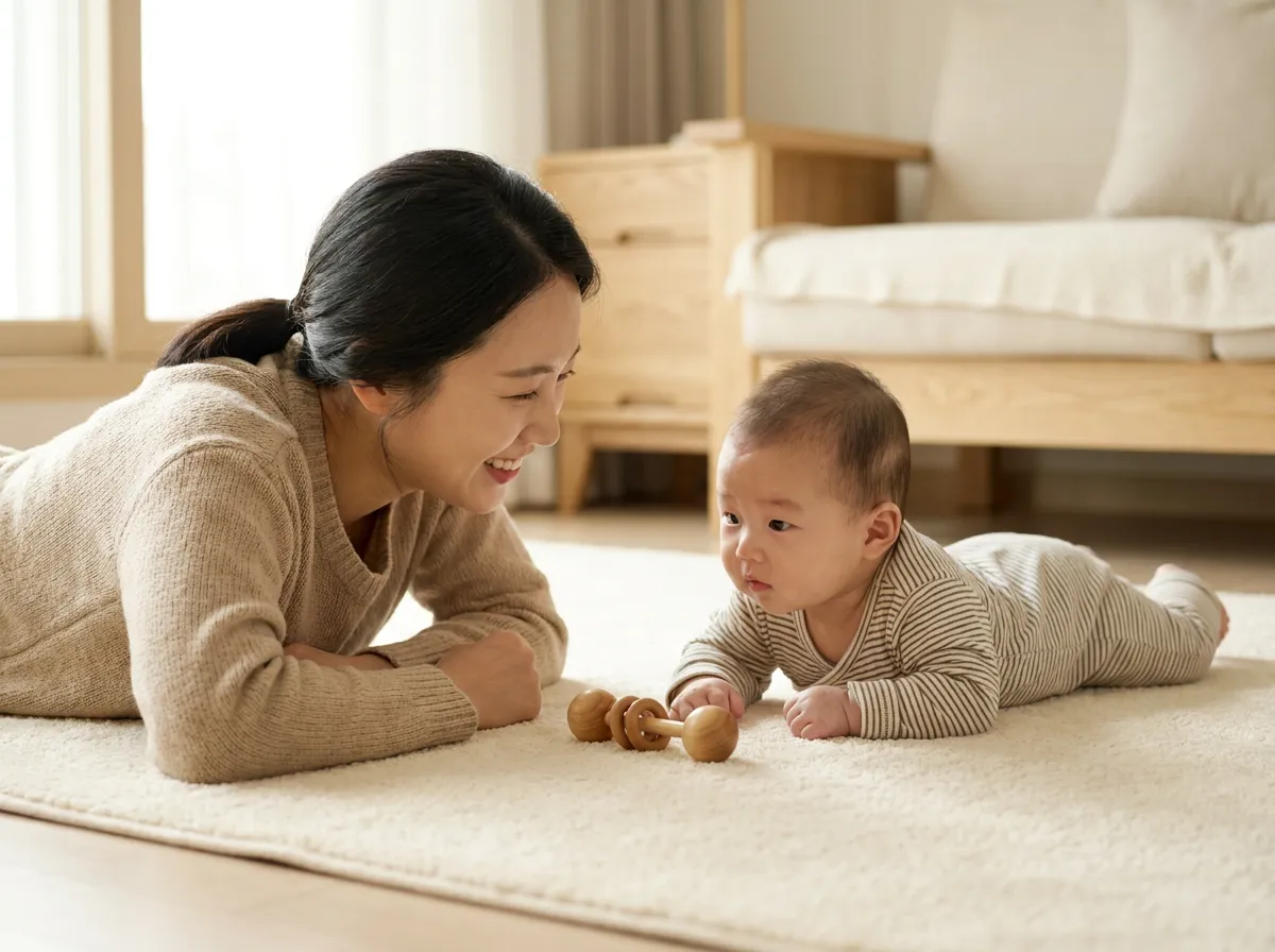 一緒にうつ伏せ - マットにうつ伏せの赤ちゃんが両腕で上体を持ち上げ、おもちゃと向かい合って寝そべるママを見ている様子