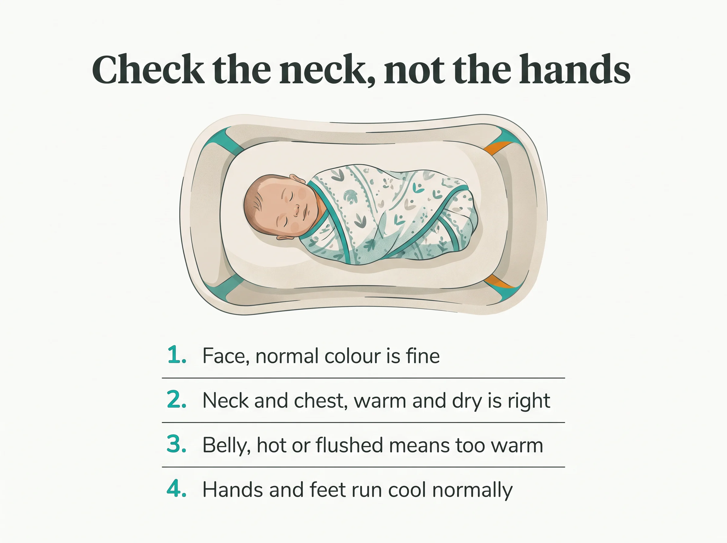 Where to check a baby for overheating - face, neck, chest and belly are the guide while cool hands and feet are normal