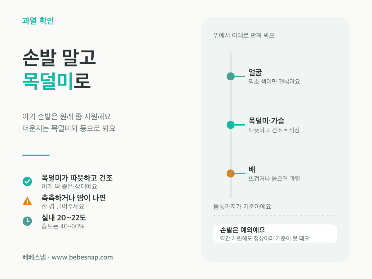 아기 과열 확인 부위 - 얼굴과 목덜미 가슴 배는 기준이 되고 손발은 시원해도 정상인 위치 안내도