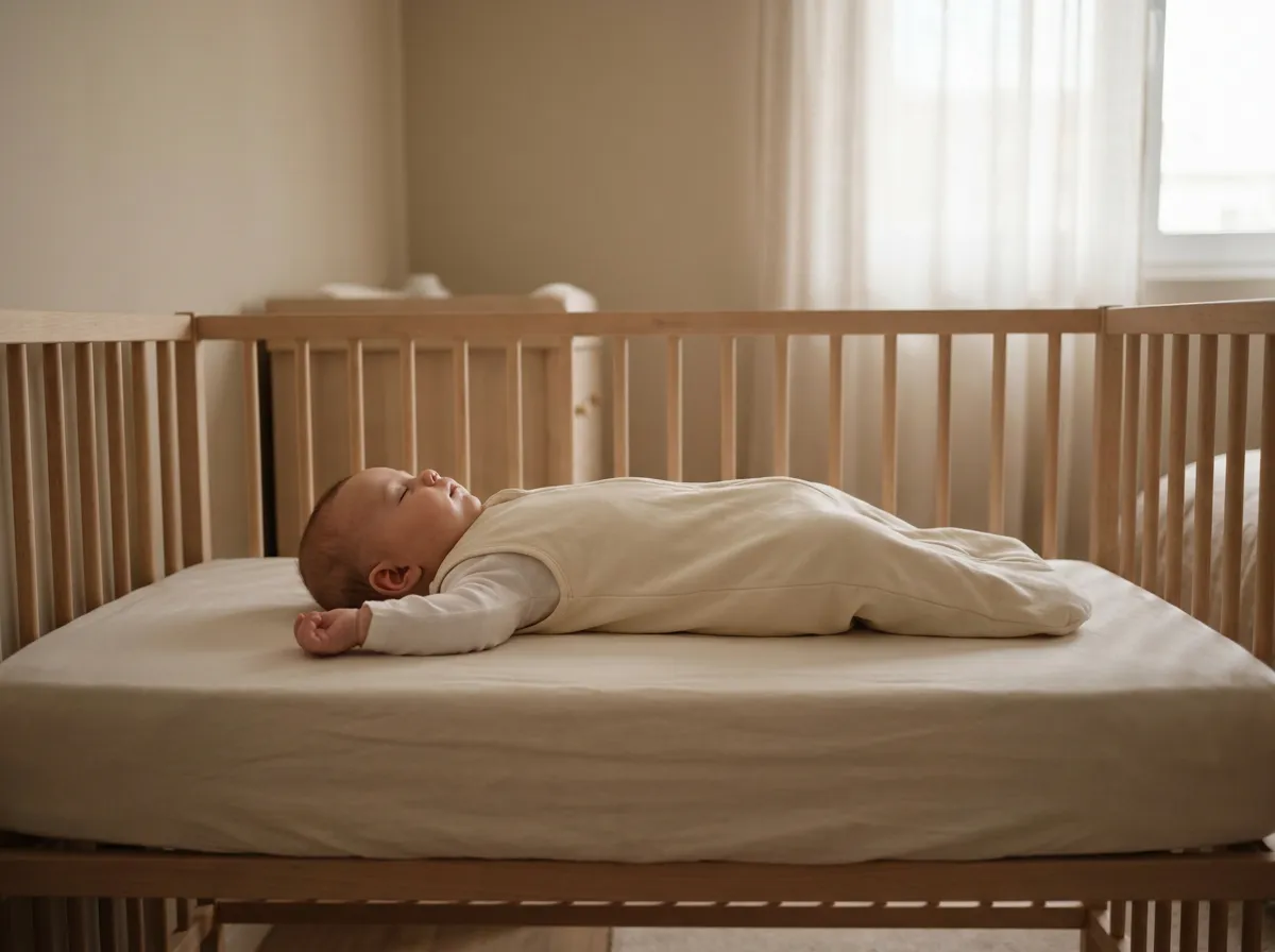 AAPの安全な睡眠環境 - シーツだけを敷いた硬いマットレスの上で、スリーパーを着た赤ちゃんが一人で仰向けに寝ており、ベビーベッドの中に布団・枕・バンパー・ぬいぐるみが一つもない様子