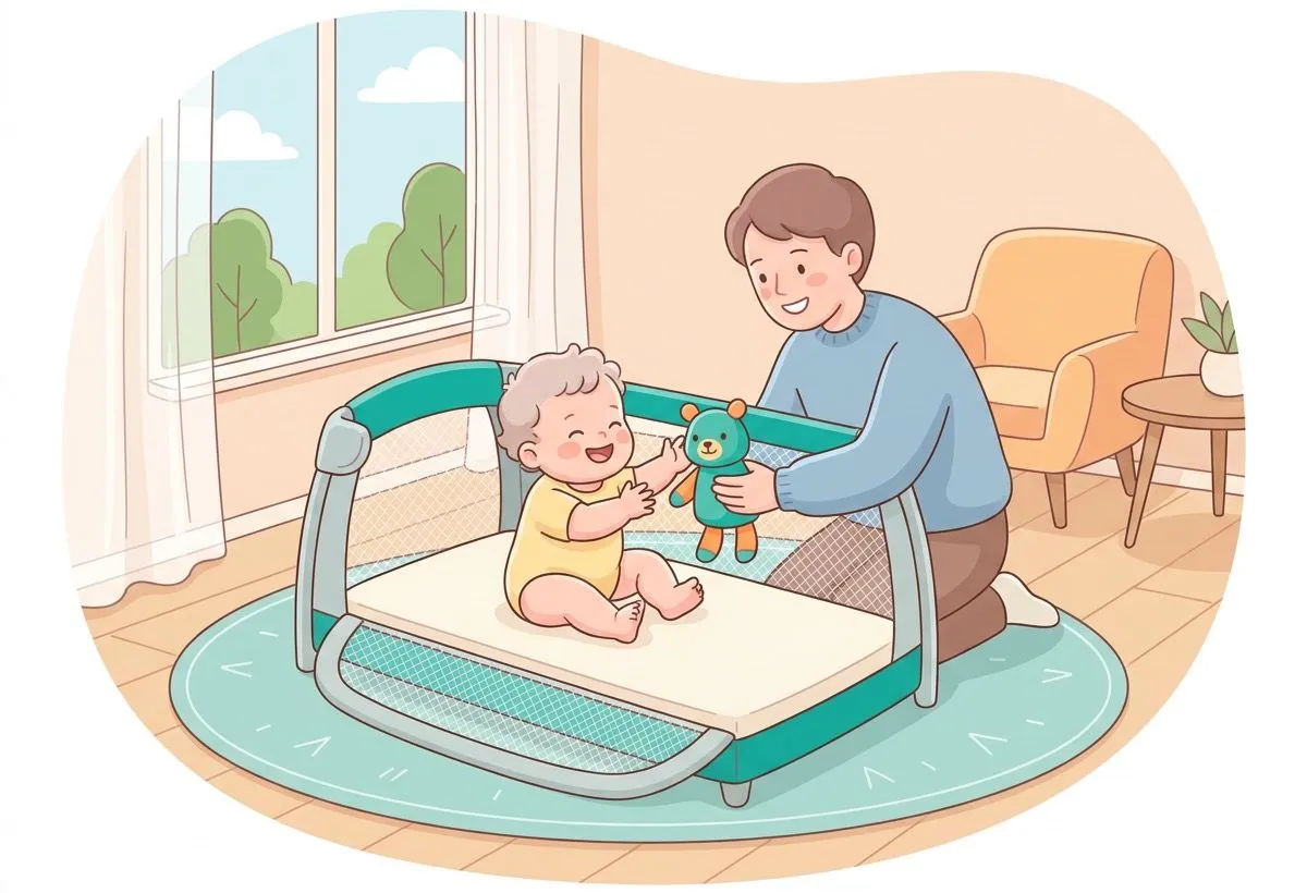A baby playing with a parent inside a travel crib during the day