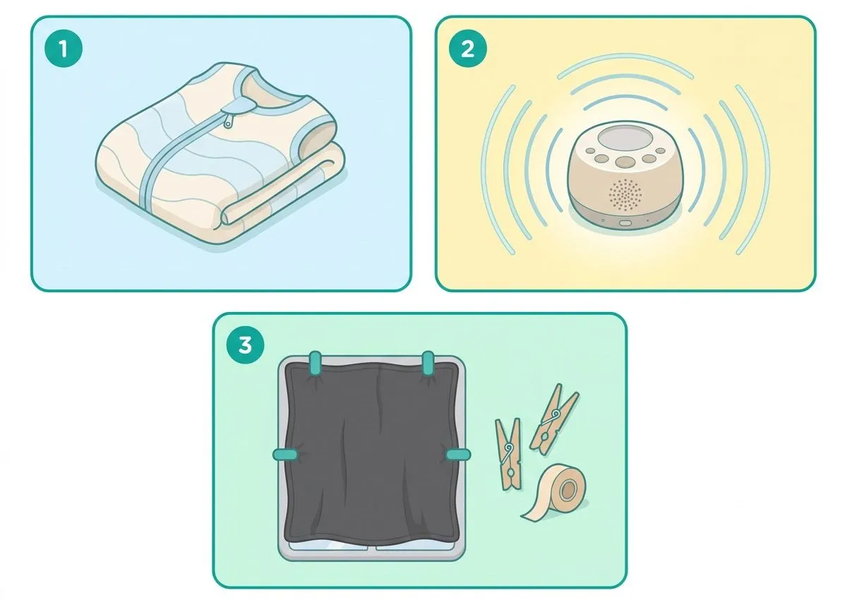 Three sleep items to pack for travel: the usual sleep sack, a white-noise machine, and portable blackout gear