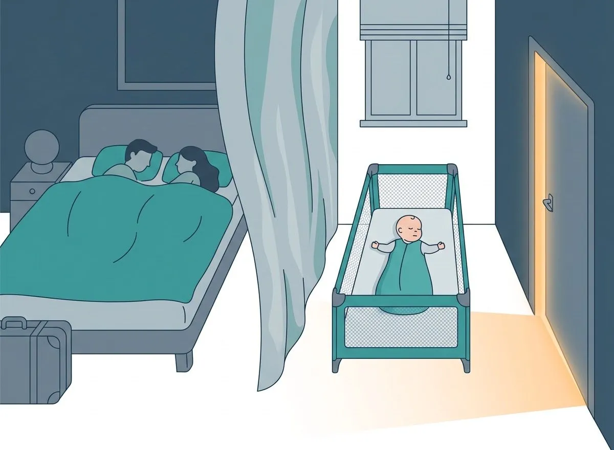 A hotel room with the travel crib set apart from the adult bed and screened by a curtain
