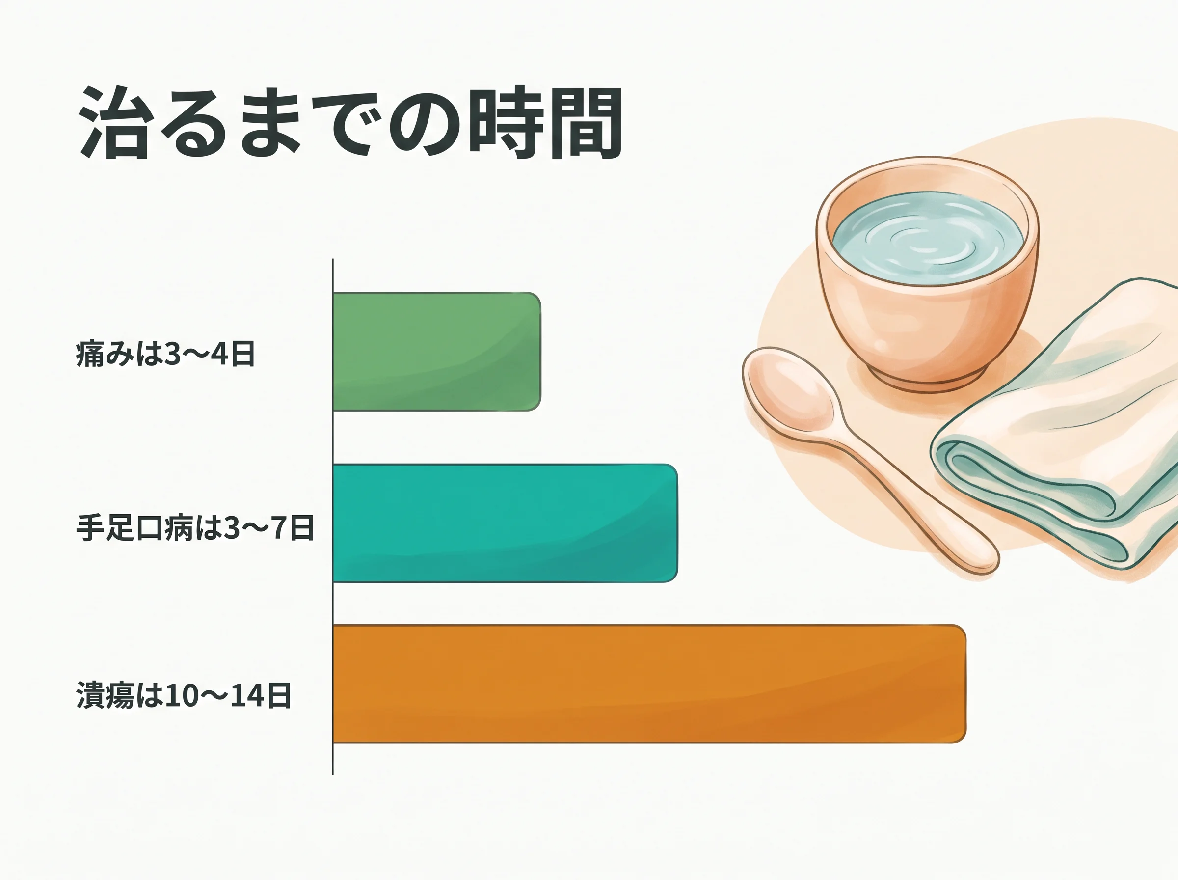 赤ちゃんの口内炎の回復期間 - 痛み3〜4日、手足口病3〜7日、潰瘍10〜14日の長さ比較図