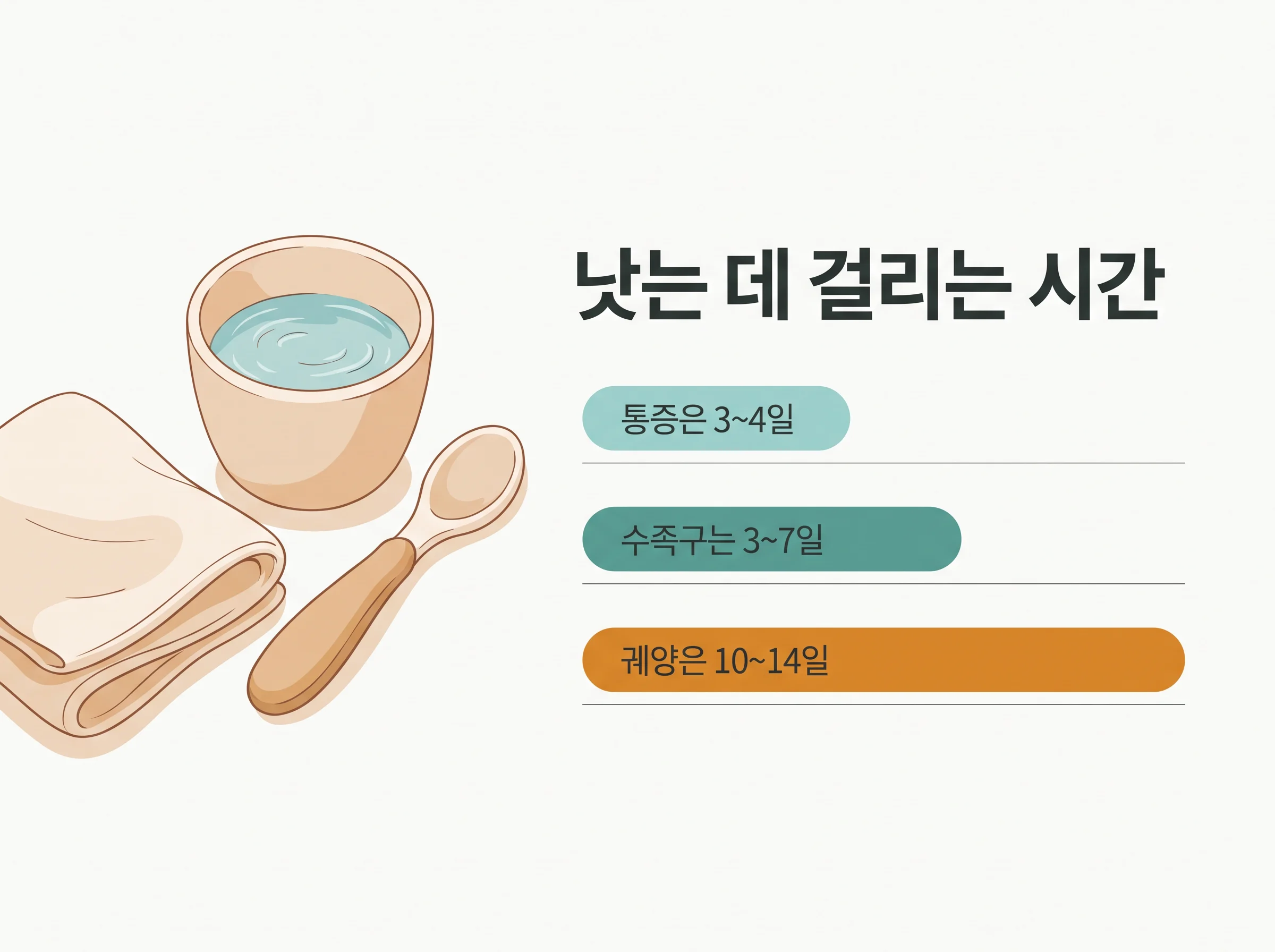 아기 구내염 회복 기간 - 통증 3~4일, 수족구 3~7일, 궤양 10~14일 길이 비교 도식