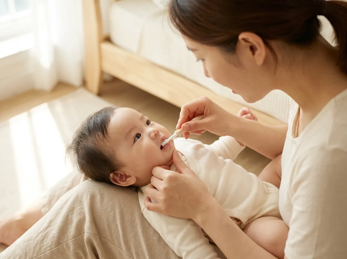 아기 칫솔질 자세 - 무릎에 아기 머리를 눕히고 한 손으로 턱을 받친 채 작은 칫솔로 이를 닦는 모습
