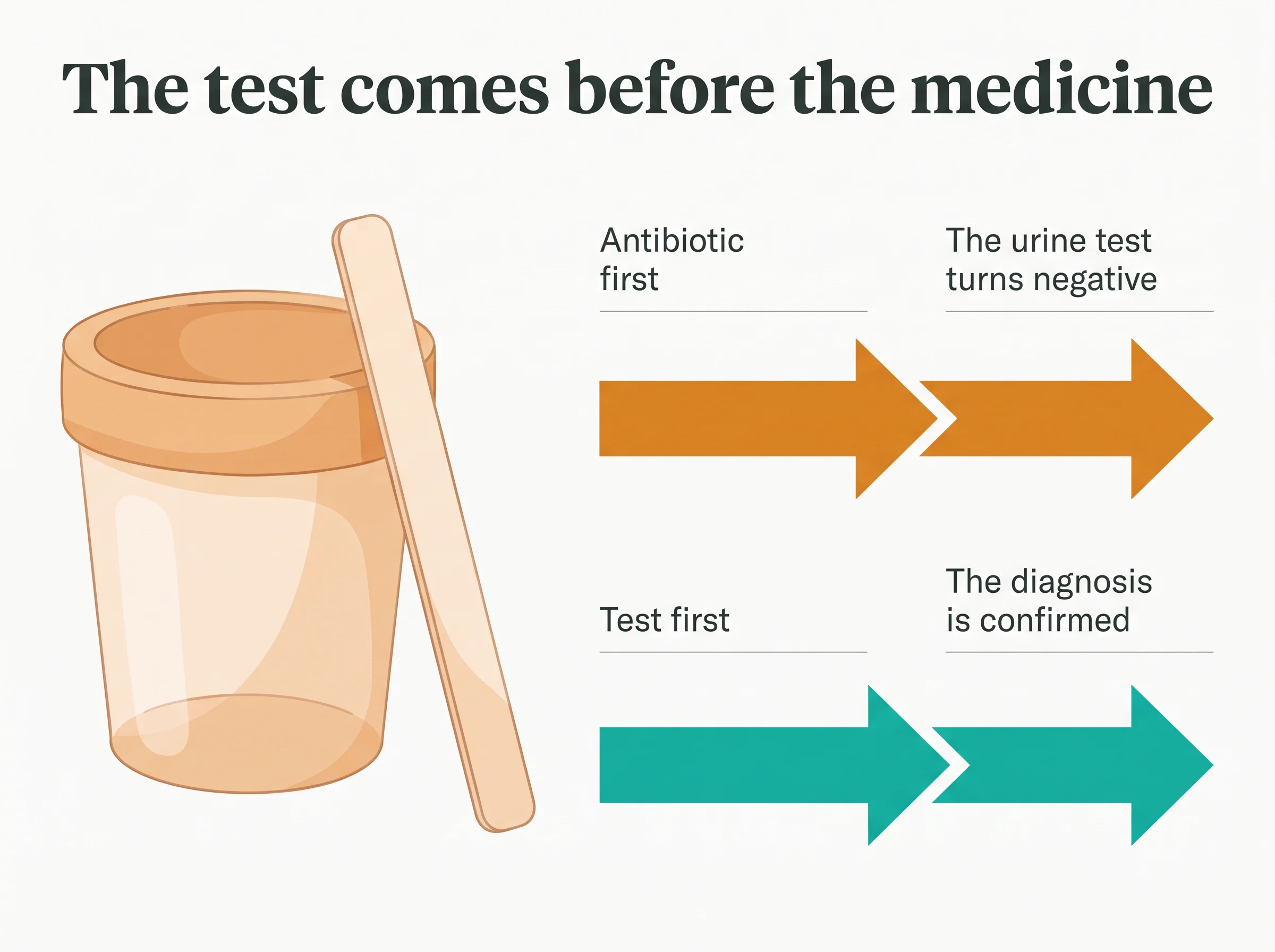 Baby UTI test order - antibiotic first makes the urine test negative while testing first confirms the diagnosis