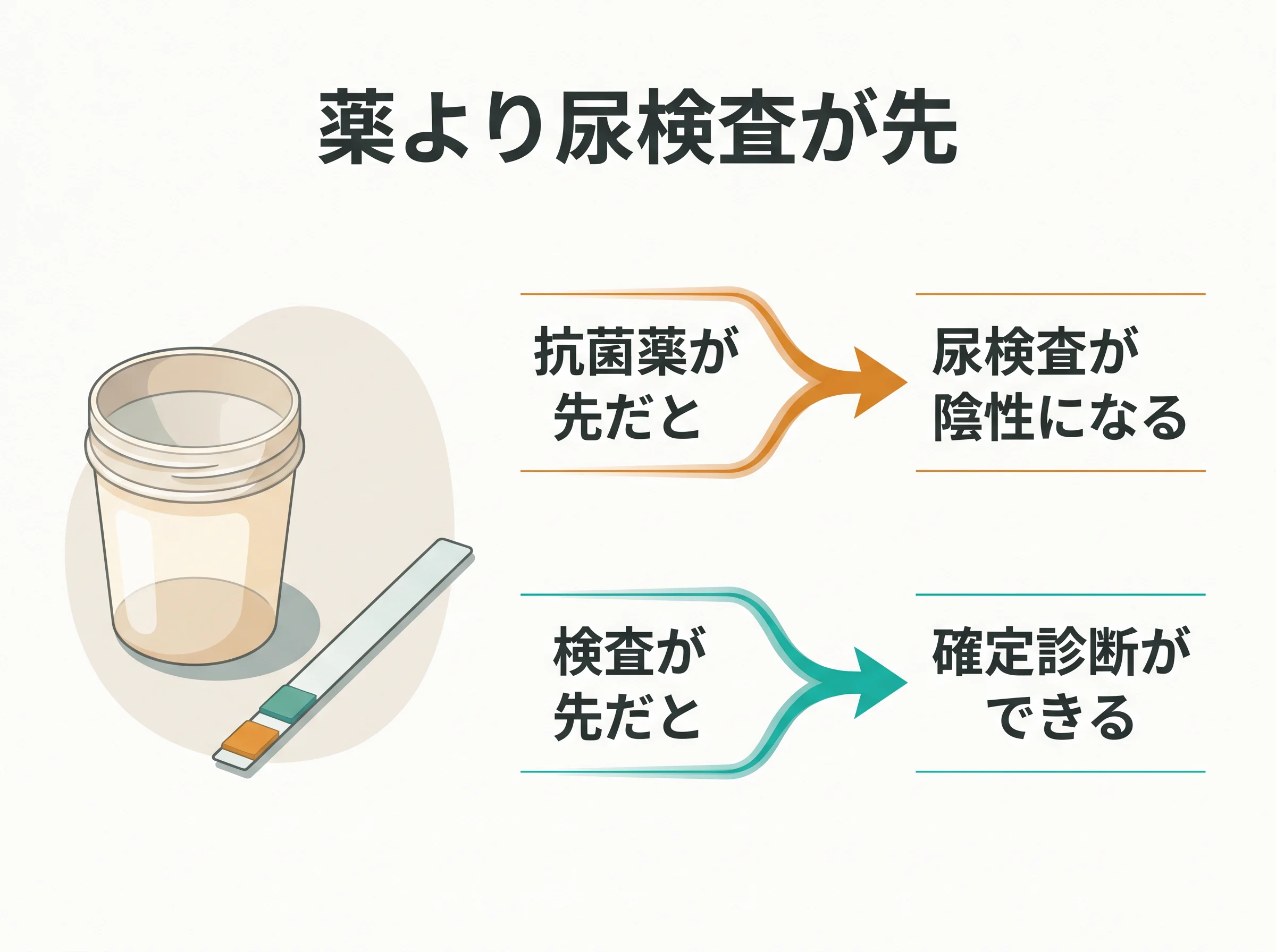 赤ちゃんの尿路感染症の検査順序 - 抗菌薬が先だと尿検査が陰性になり、検査が先だと確定診断できる比較図
