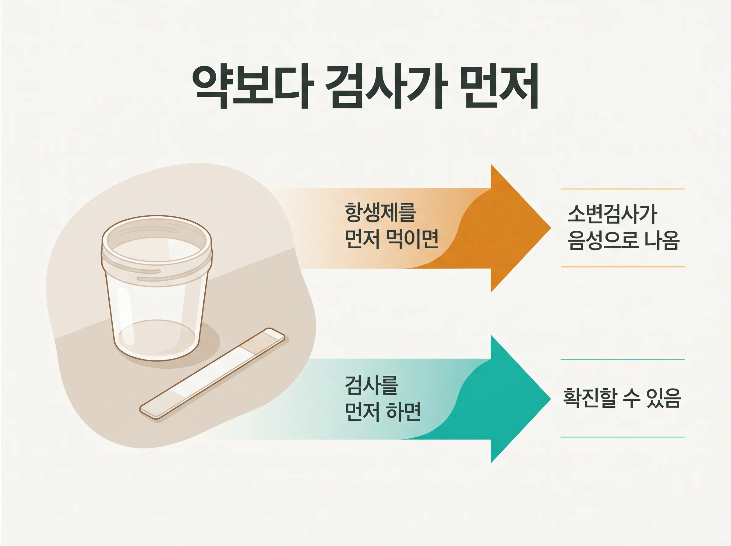 아기 요로감염 검사 순서 - 항생제를 먼저 먹이면 소변검사가 음성으로 나오고 검사를 먼저 하면 확진되는 비교 도식