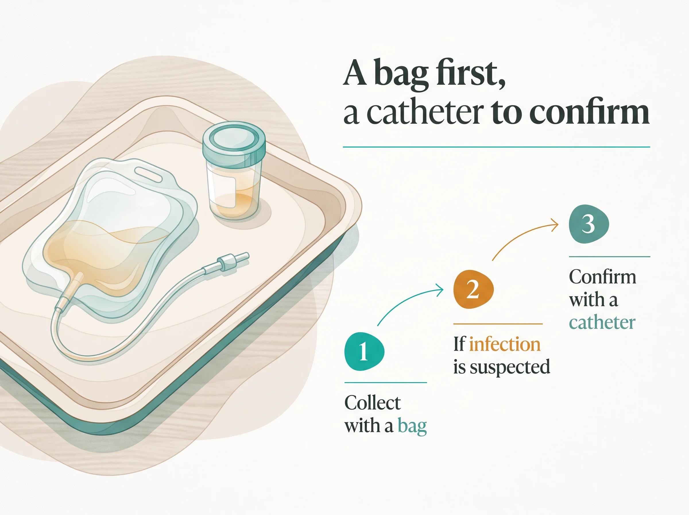 Baby UTI urine collection - three steps of collection bag, microscope reading and catheter confirmation