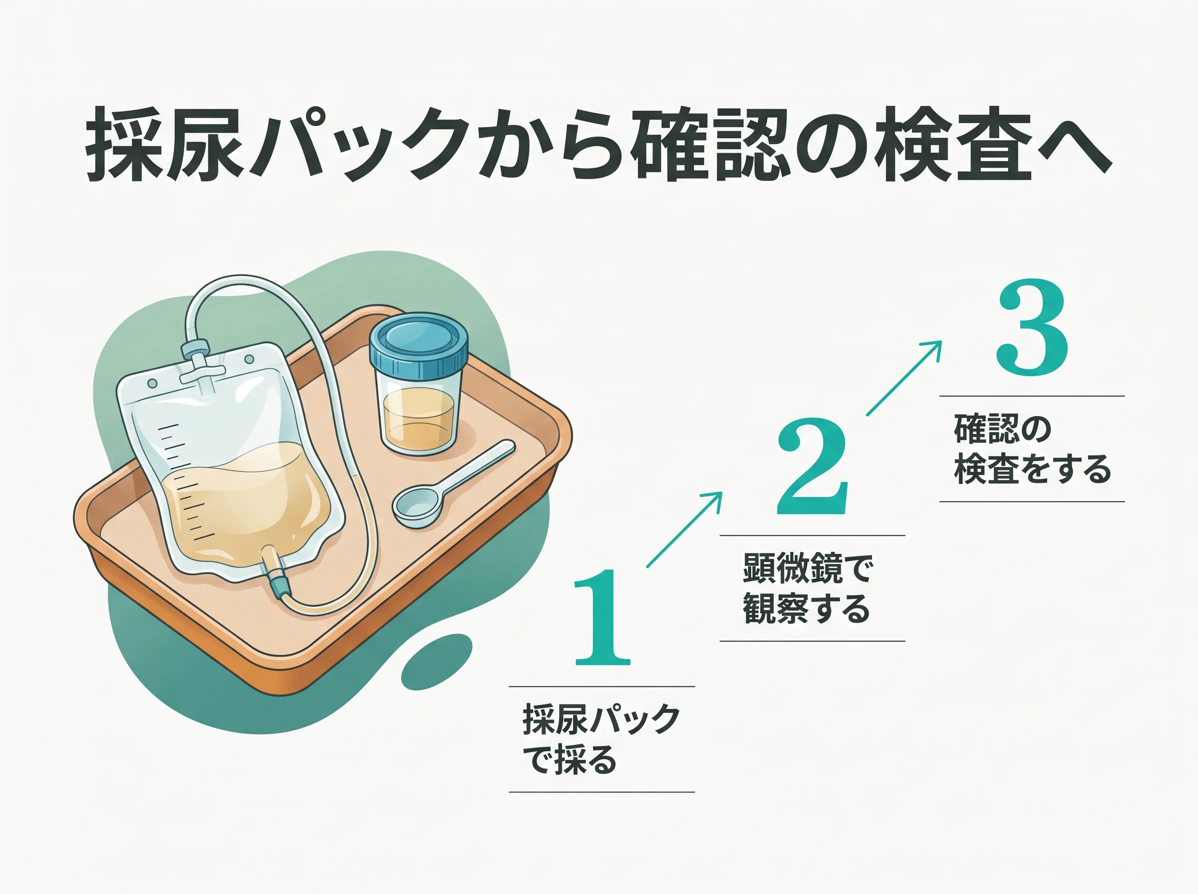 赤ちゃんの尿路感染症の採尿方法 - 採尿パック、顕微鏡での観察、確認の検査という3段階の図