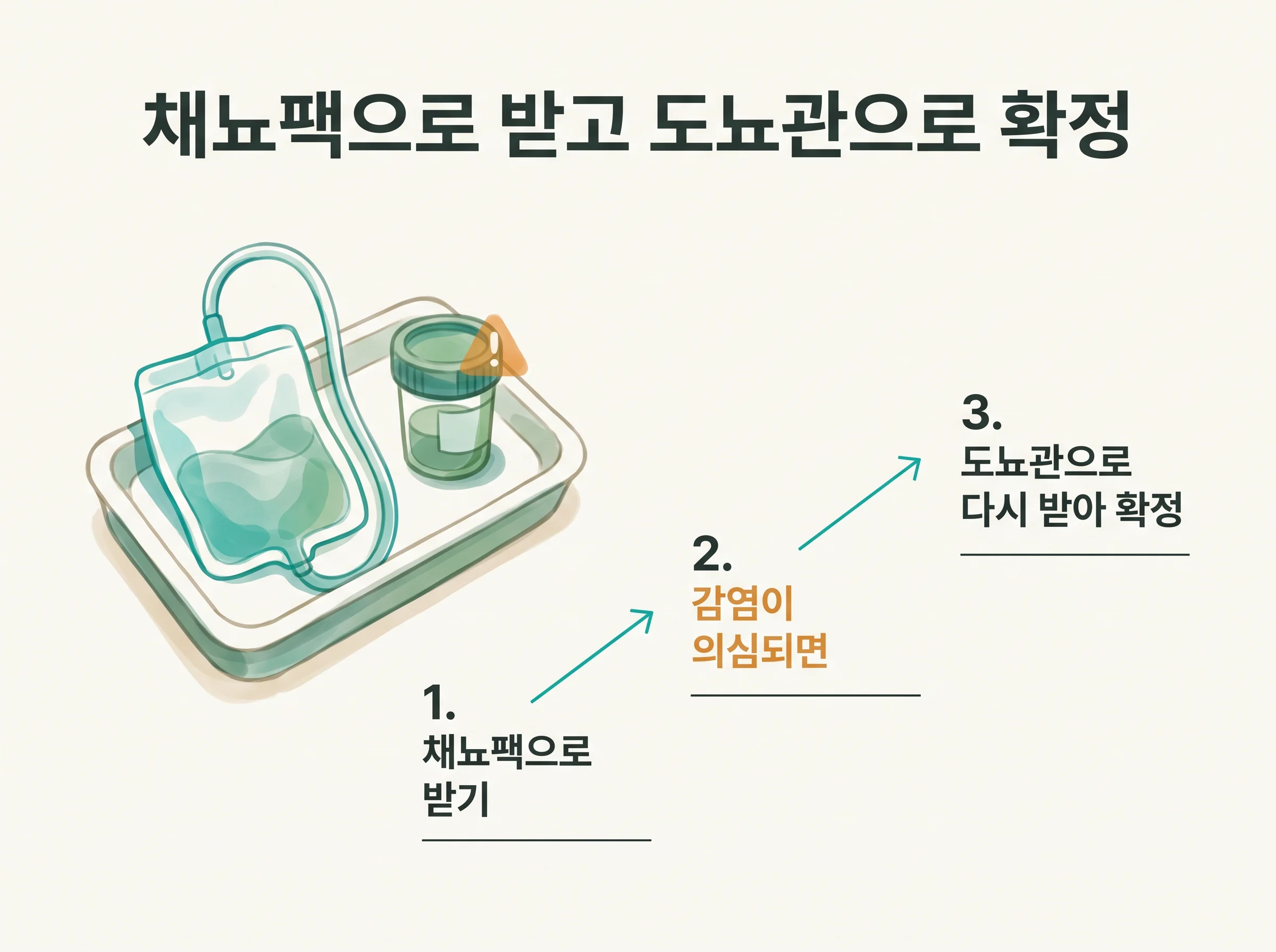 아기 요로감염 소변 채취 방법 - 채뇨팩, 현미경 판독, 도뇨관 확정의 3단계 도식