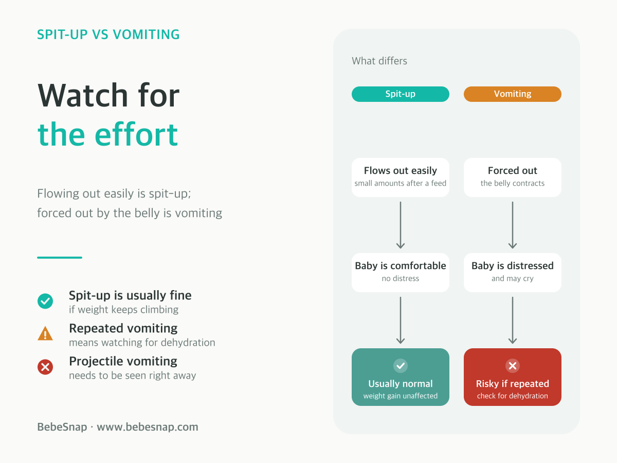 Baby spit-up versus vomiting - flowing out easily is spit-up while a forceful belly contraction means vomiting