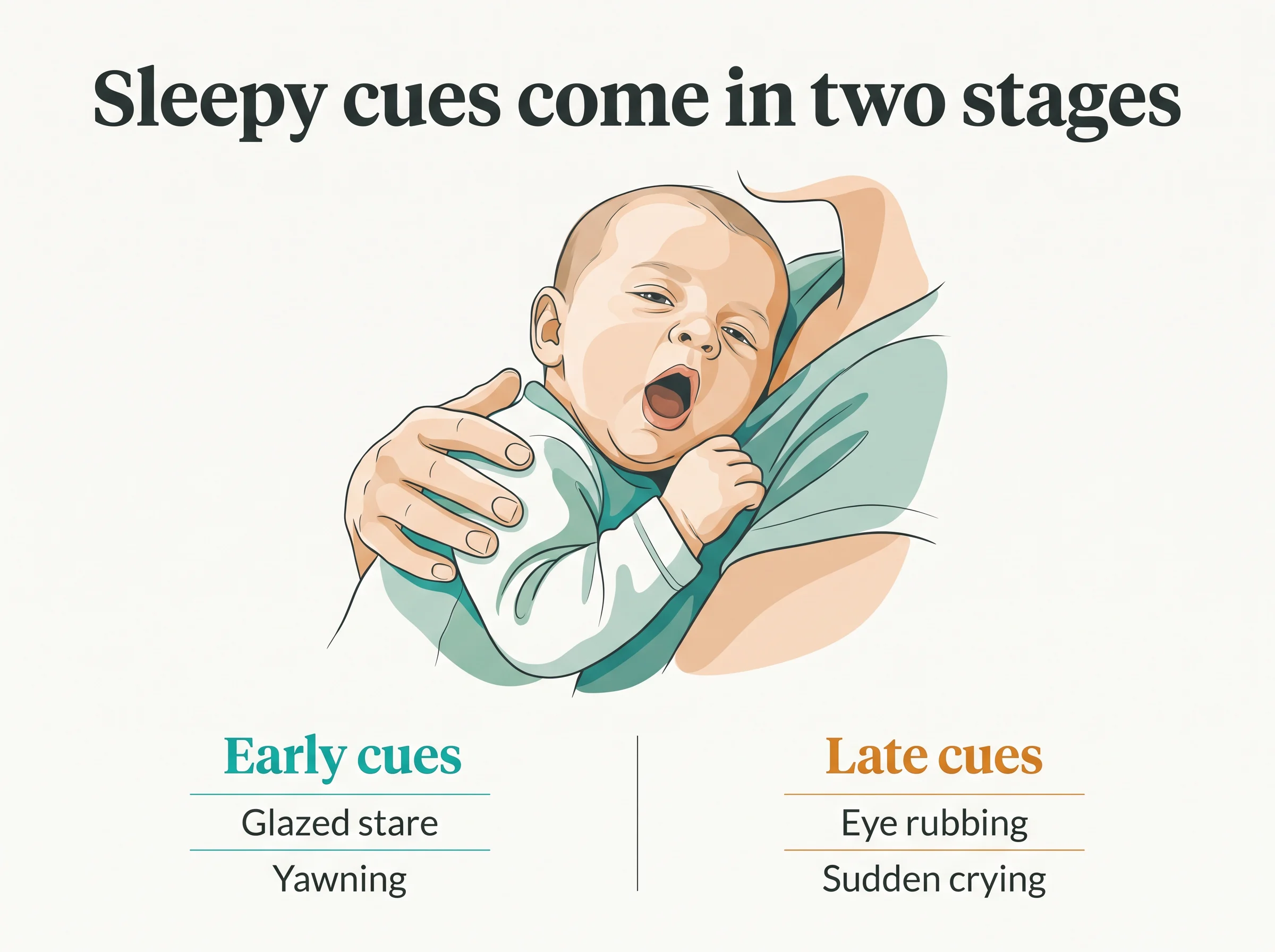 Baby sleepy cues in two stages - early cues are a glazed stare and yawning, late cues are eye rubbing and sudden crying