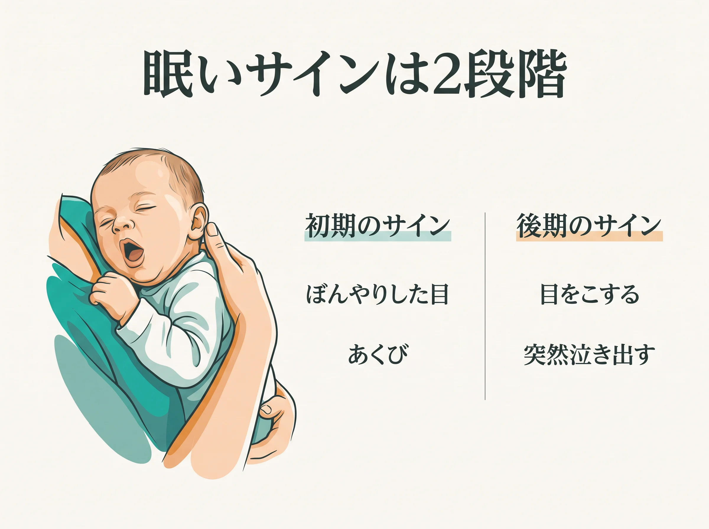 赤ちゃんの眠いサイン2段階 - 初期のサインはぼんやりした目とあくび、後期のサインは目をこすると突然泣き出す